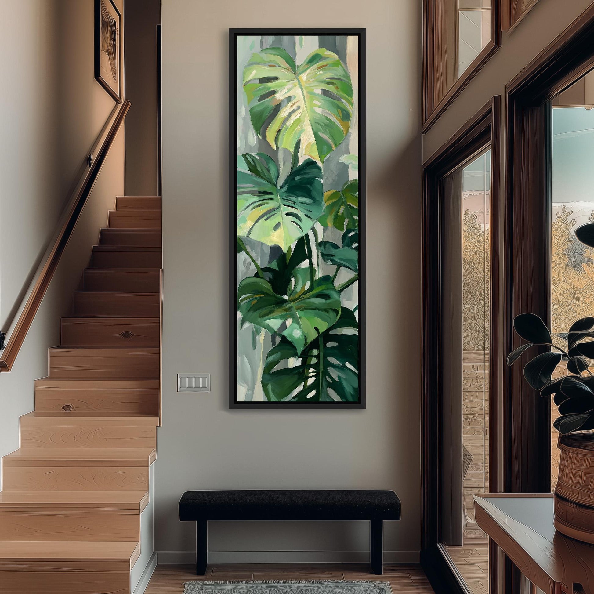 a large painting of tropical plants hanging on the wall of a hallway.