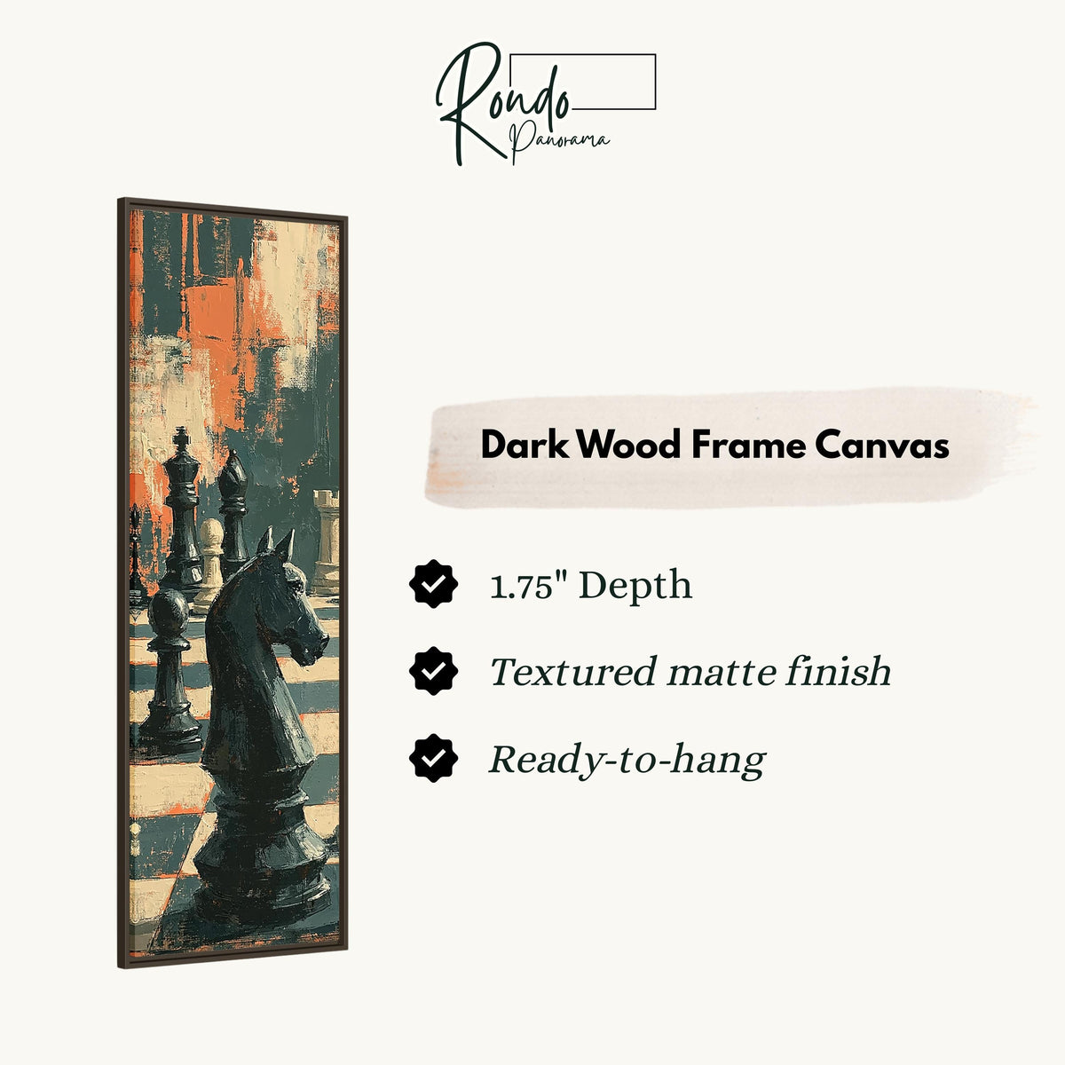 Black chess knight in dramatic shadows canvas print in a dark wood floating frame