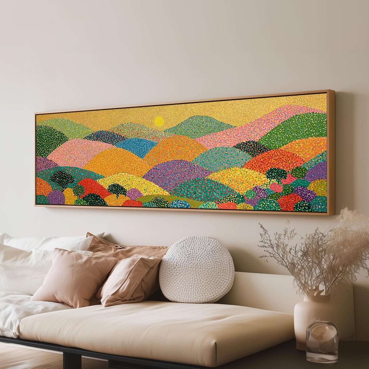 Dotted rainbow hills at sunset long horizontal canvas print above a sofa in a living room