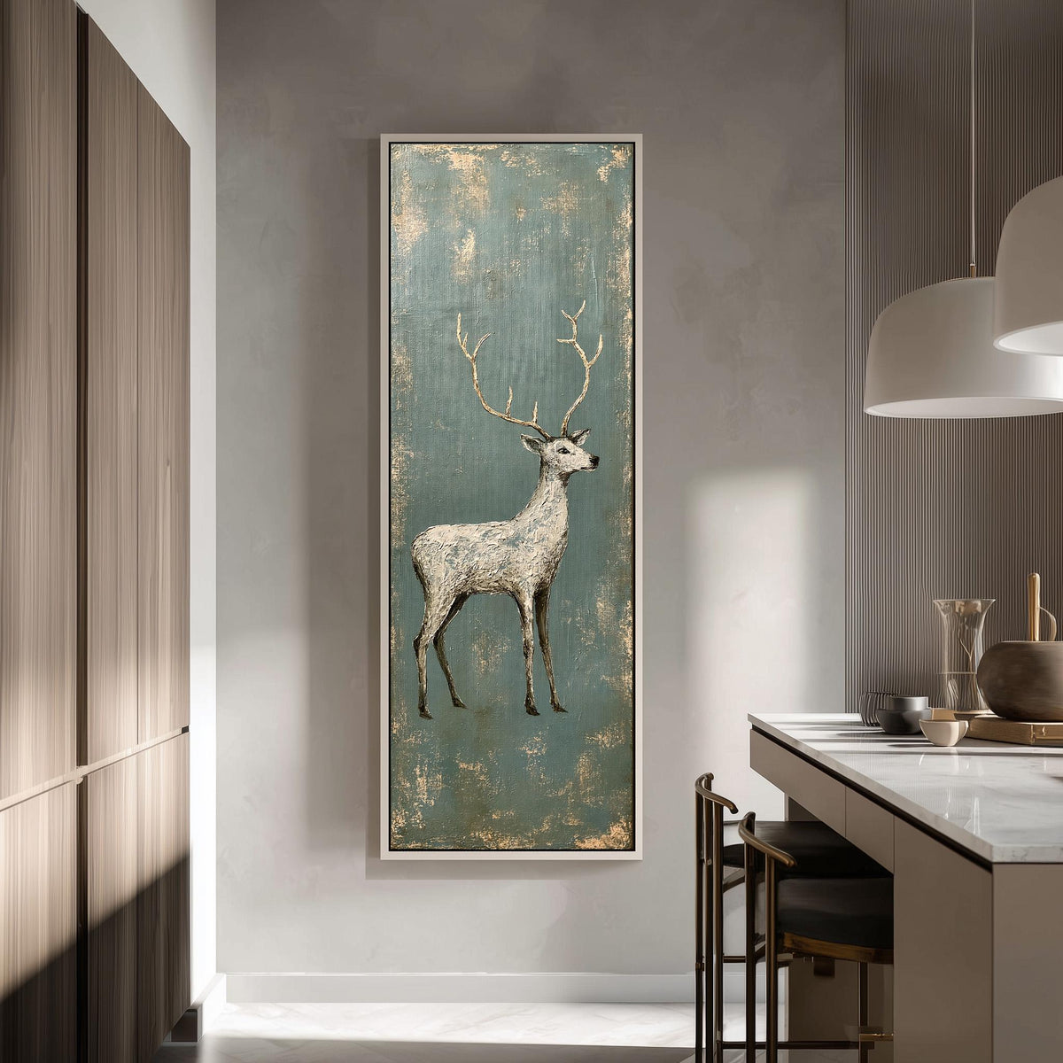 Pale stag with gold antlers on distressed teal tall skinny canvas print in a modern kitchen