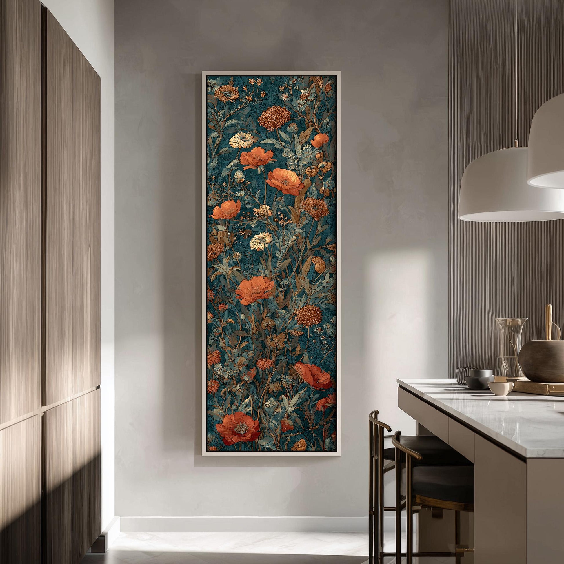 a large framed artwork hanging on a wall, depicting a vibrant floral scene with orange and red flowers. The artwork is framed in a dark wood frame, adding a touch of elegance to the space. The room has a modern and minimalist design, with a white countertop and a wooden cabinet visible.