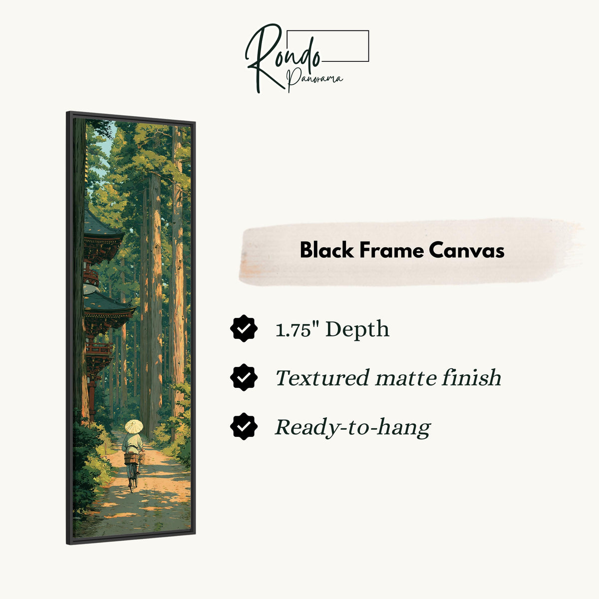Walker on a cedar forest path by a pagoda canvas print in a black floating frame