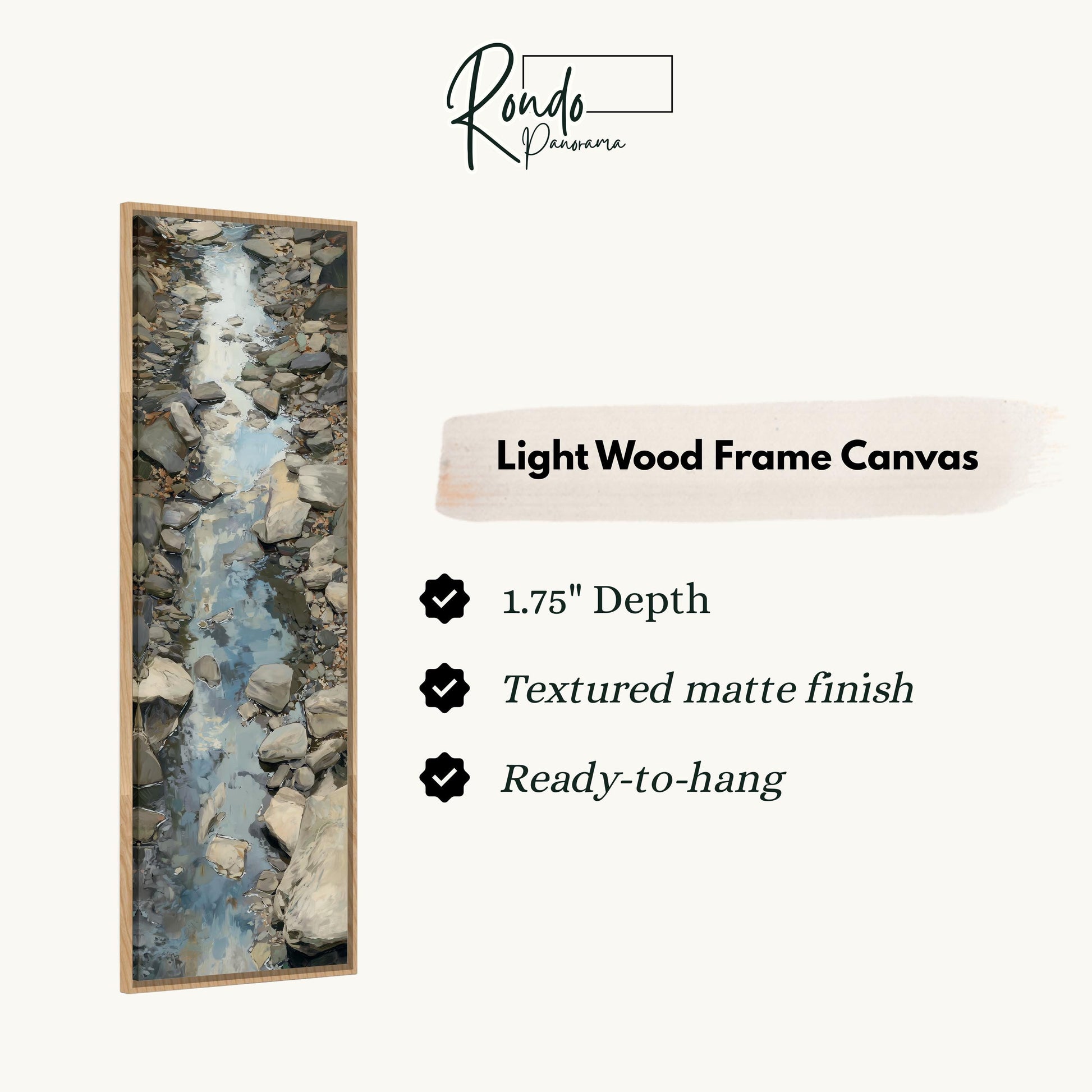 The image is a rectangular frame with a painting of a stream of water inside it. The frame is described as a light wood frame canvas, with a depth of 1.75" and a textured matte finish. It is ready to hang.