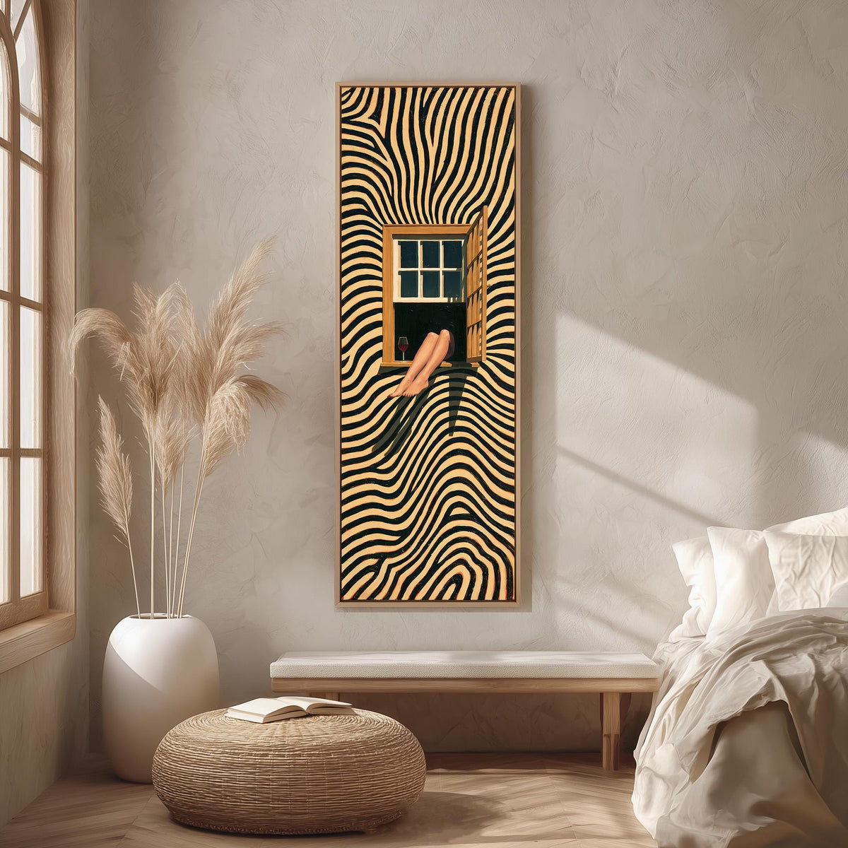 Woman sitting in a window on a swirling striped wall long vertical canvas print in a bright reading corner
