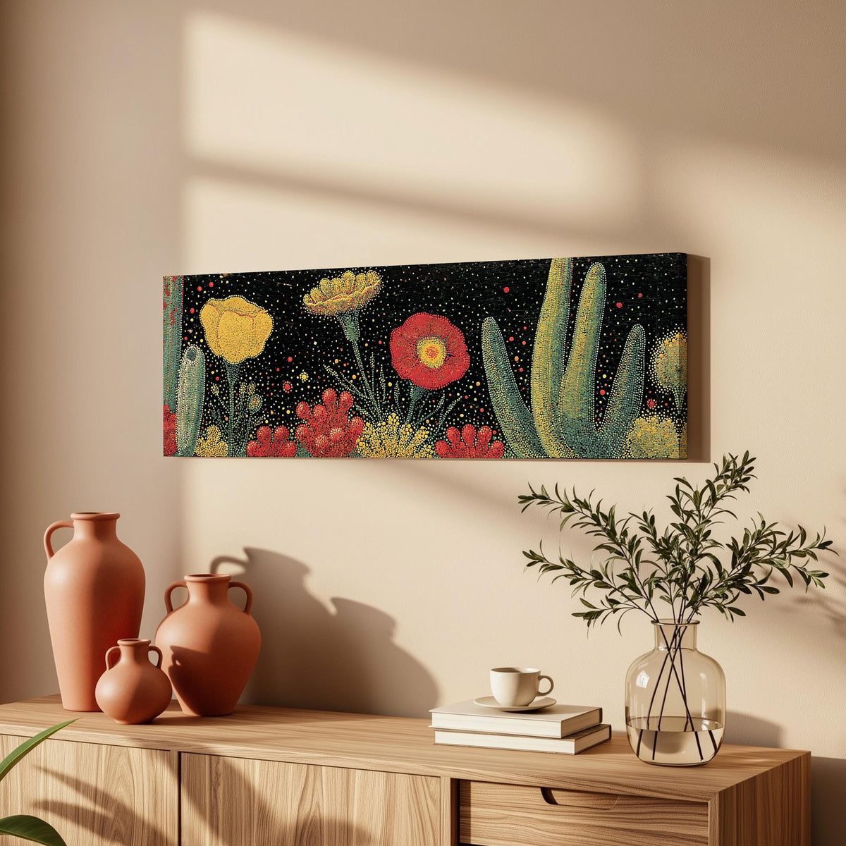 Desert blooms and cacti on black long horizontal canvas print above a wooden sideboard