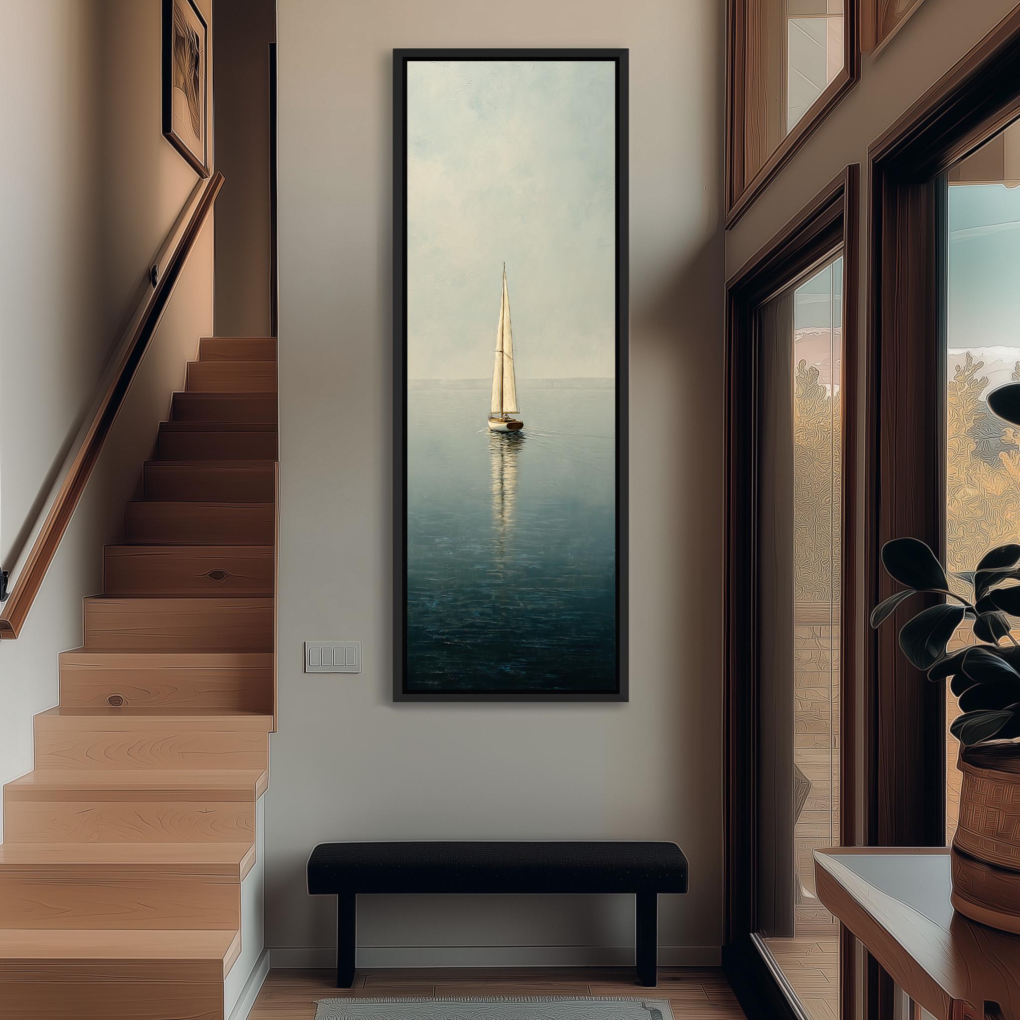 a large painting of a sailboat on the water, hanging on a wall in a hallway.
