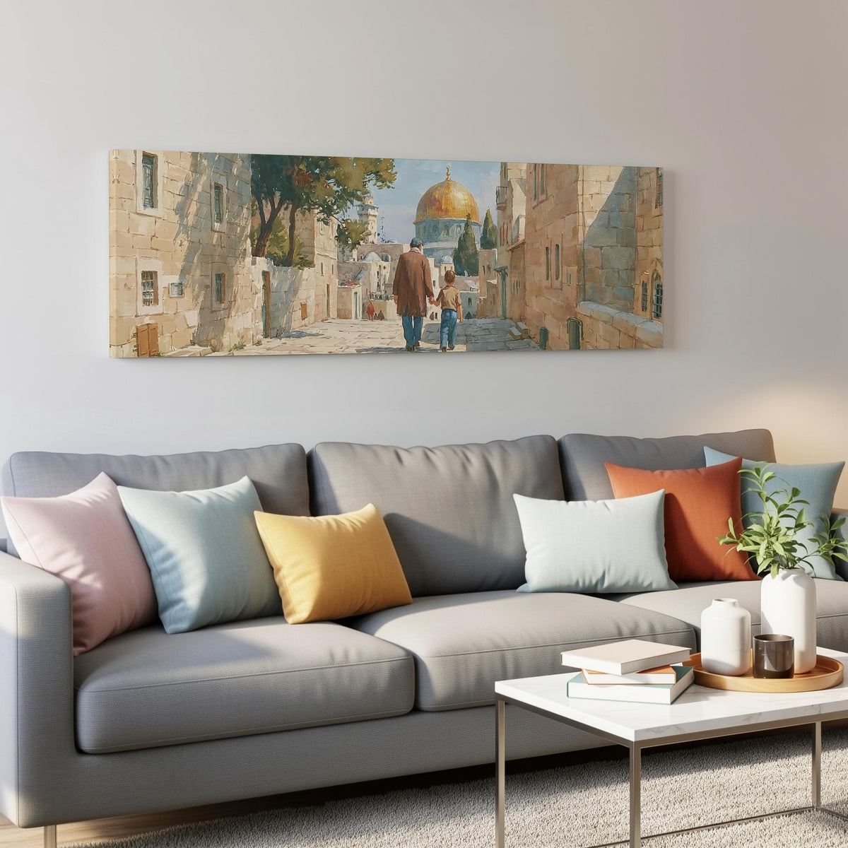 Jerusalem old city street with the golden dome panoramic canvas print above a grey sofa in a living room