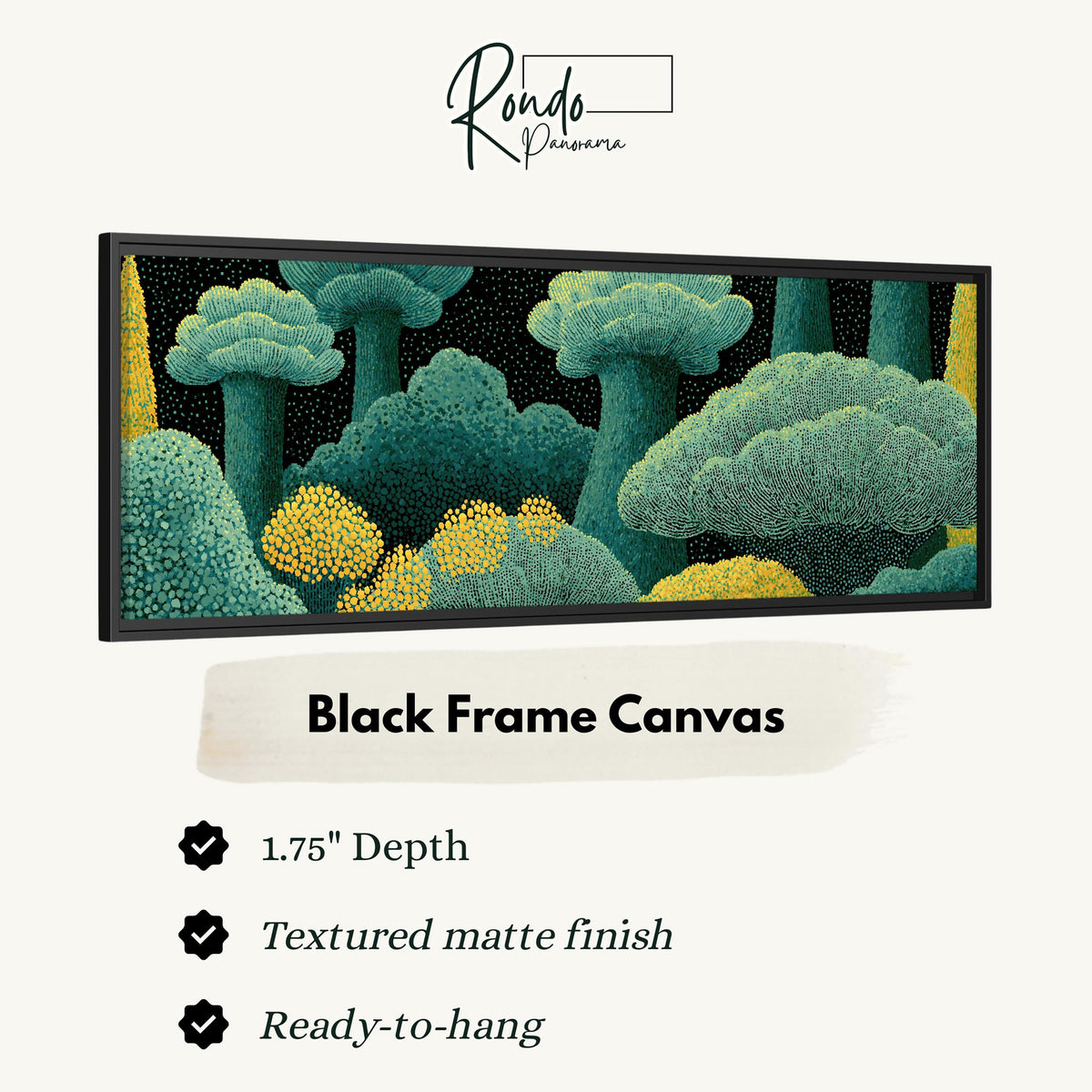 Teal dotted treetops canvas print in a black floating frame