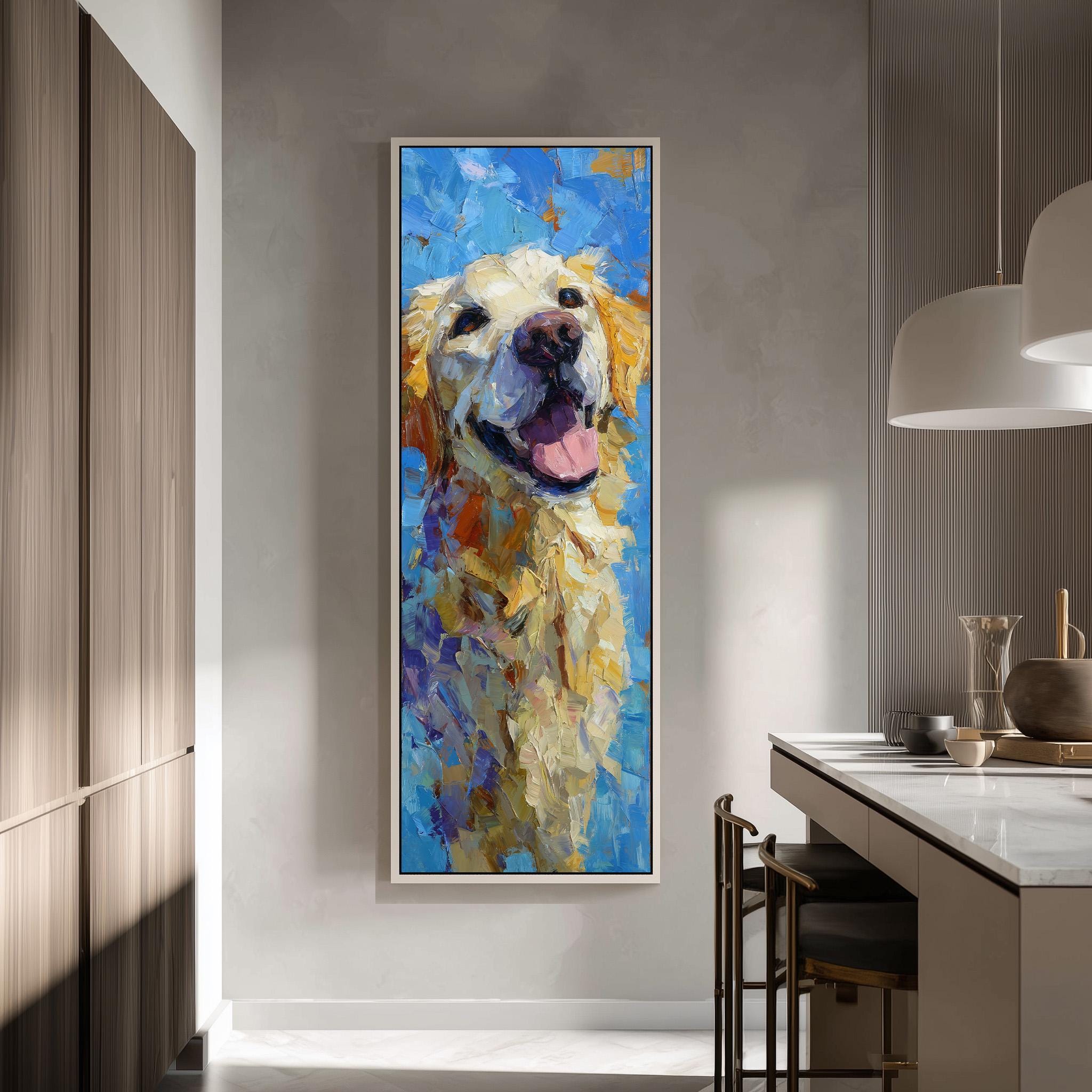 a large, colorful painting of a dog hanging on a wall in a modern kitchen.