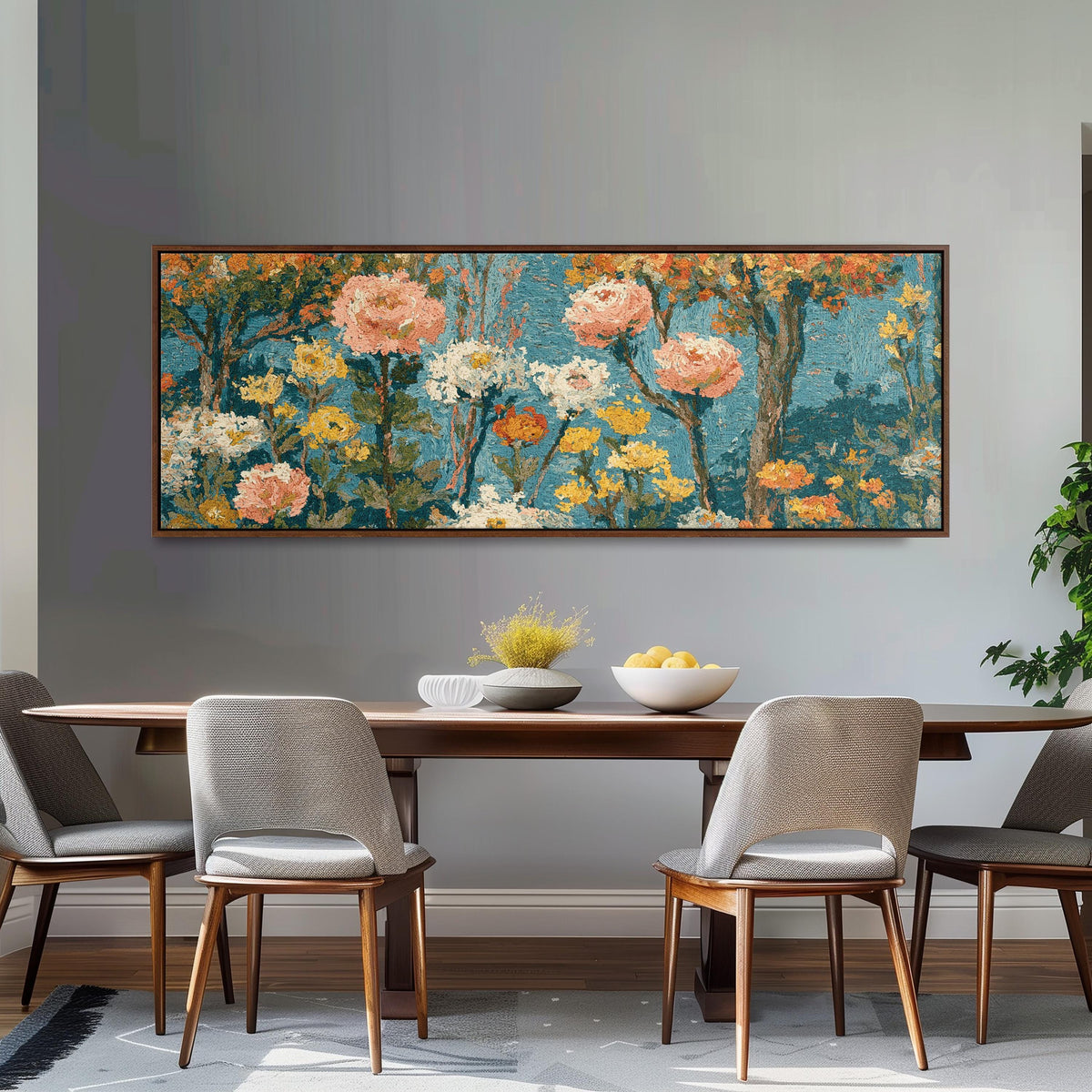 Pink blossom garden pattern long horizontal canvas print above a dining table