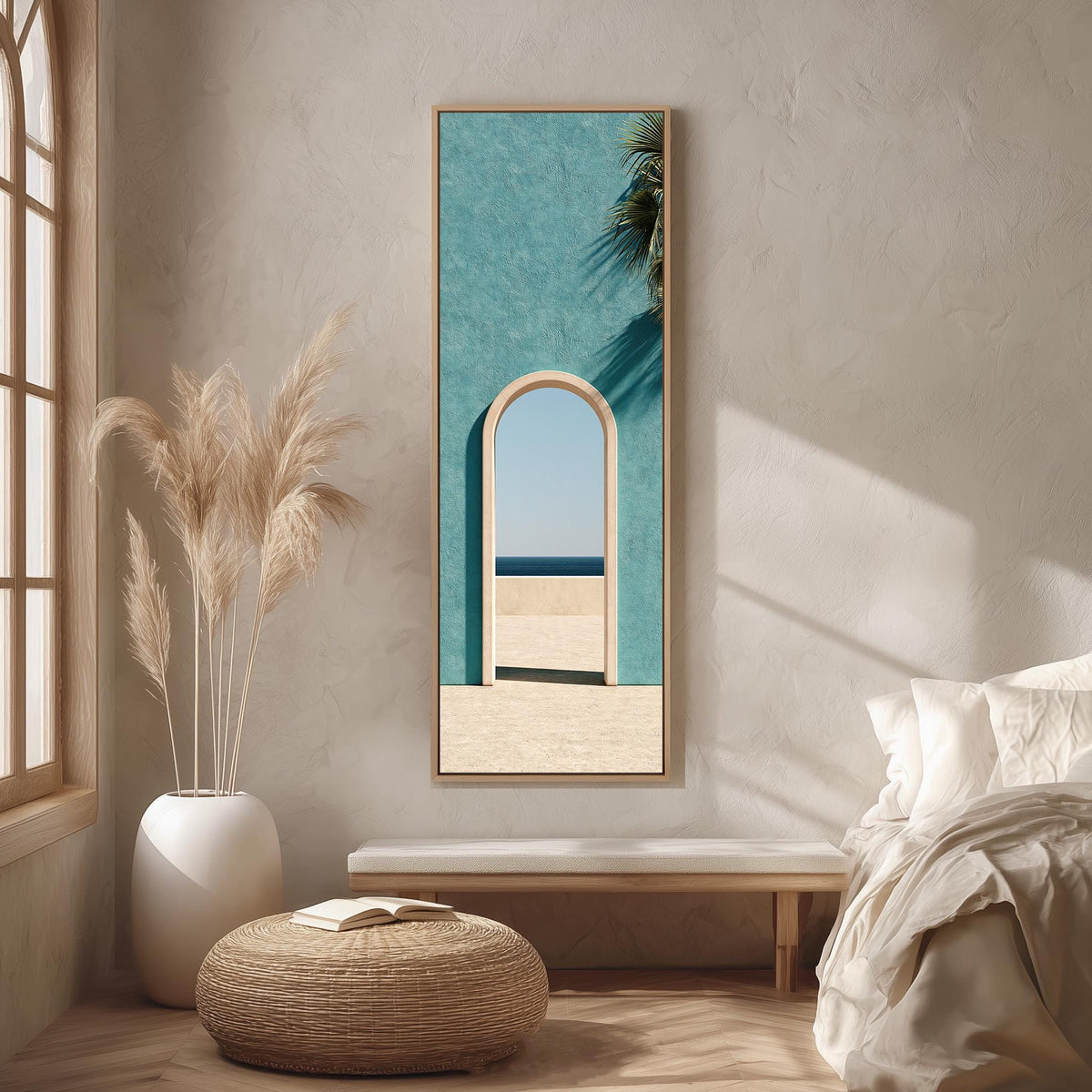 Arched doorway in a teal wall opening to the sea long vertical canvas print in a bright reading corner