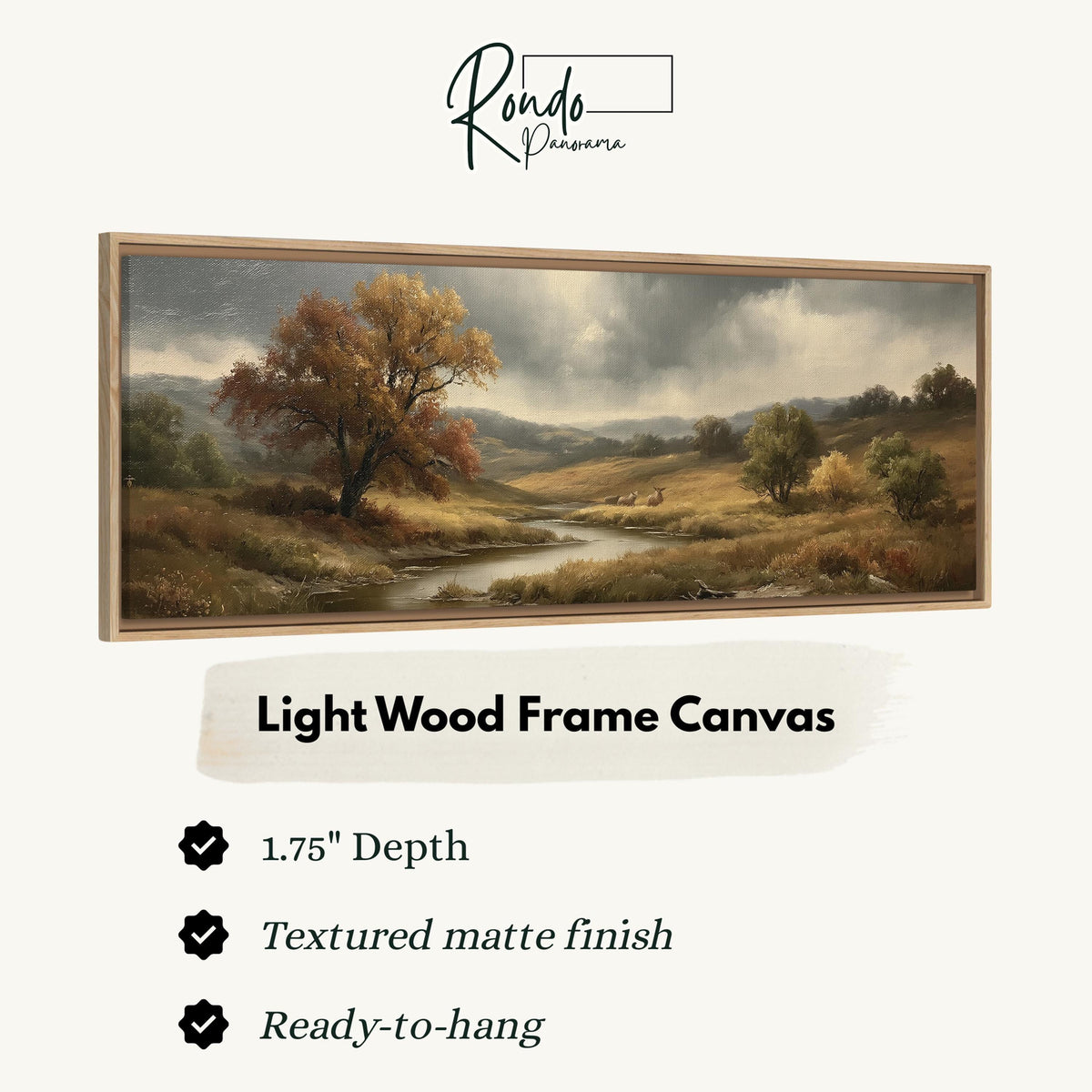Autumn river valley under a stormy sky canvas print in a light wood floating frame