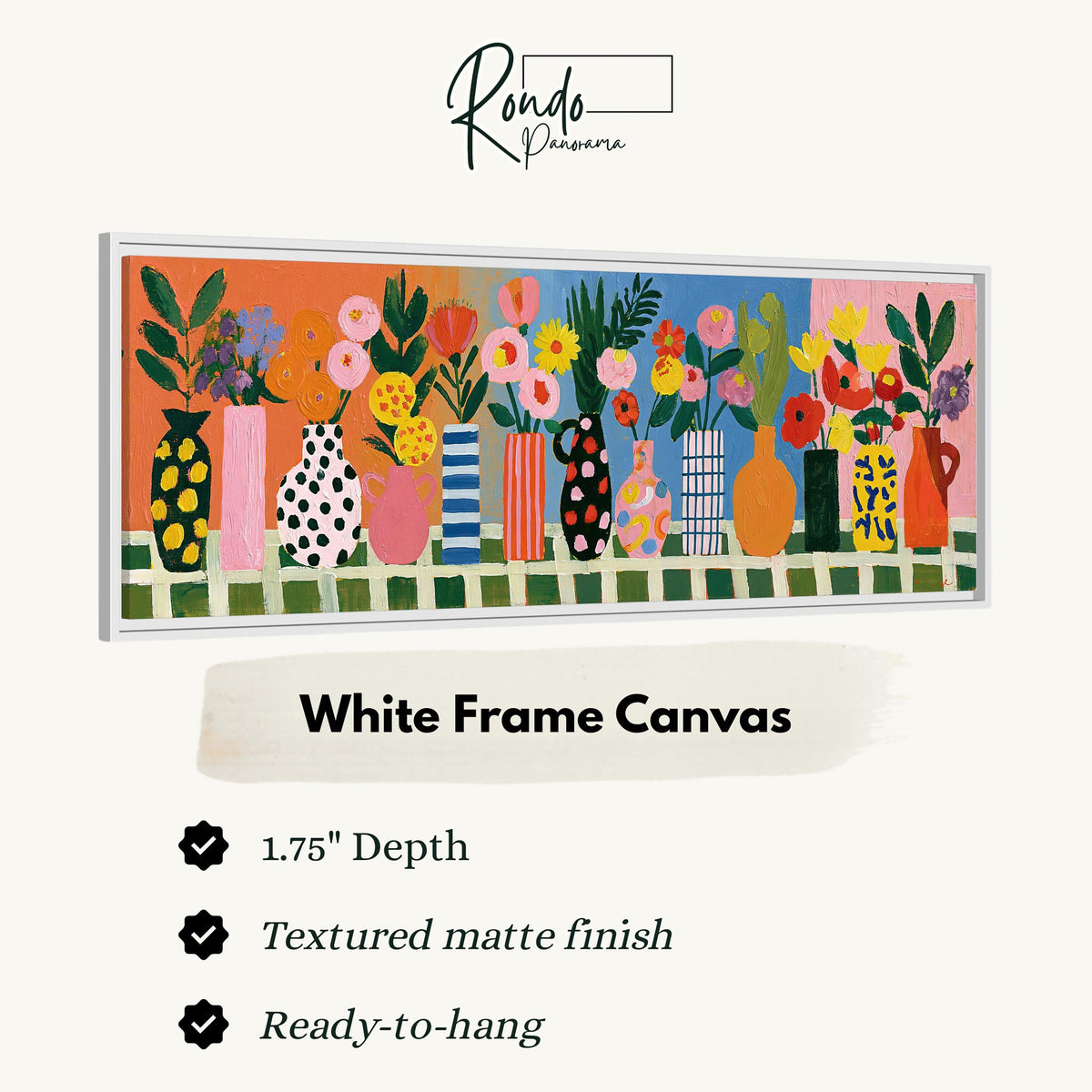 Patterned vases with bright bouquets canvas print in a white floating frame
