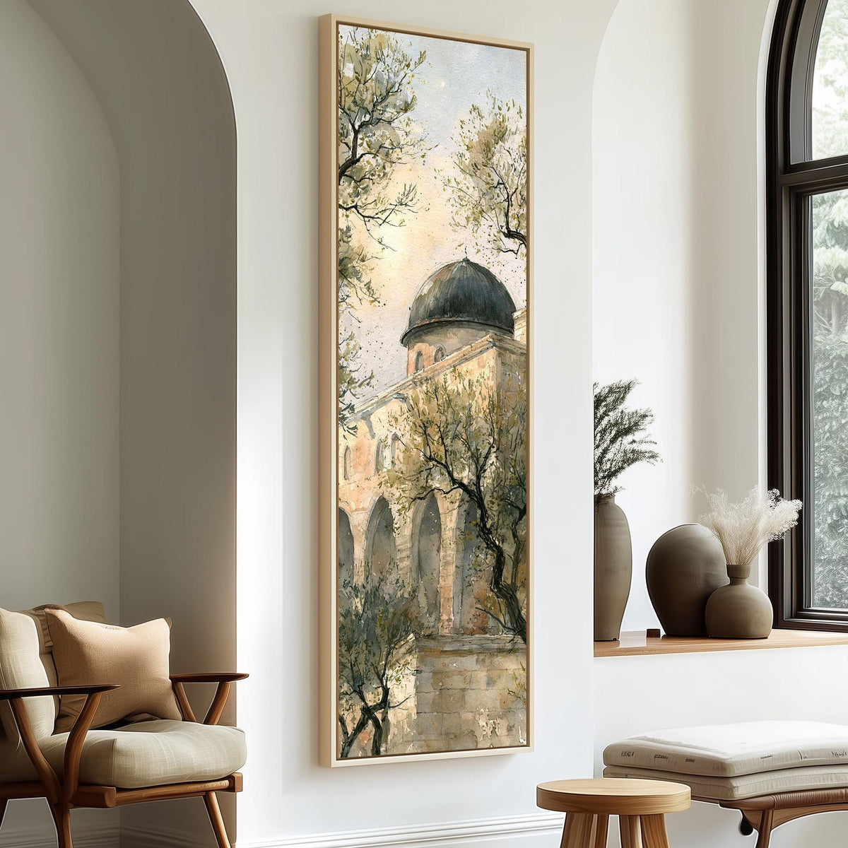 Domed building among olive trees in watercolor long vertical canvas print in a sunlit living space