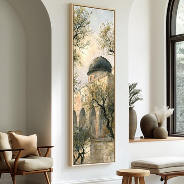 Domed building among olive trees in watercolor long vertical canvas print in a sunlit living space