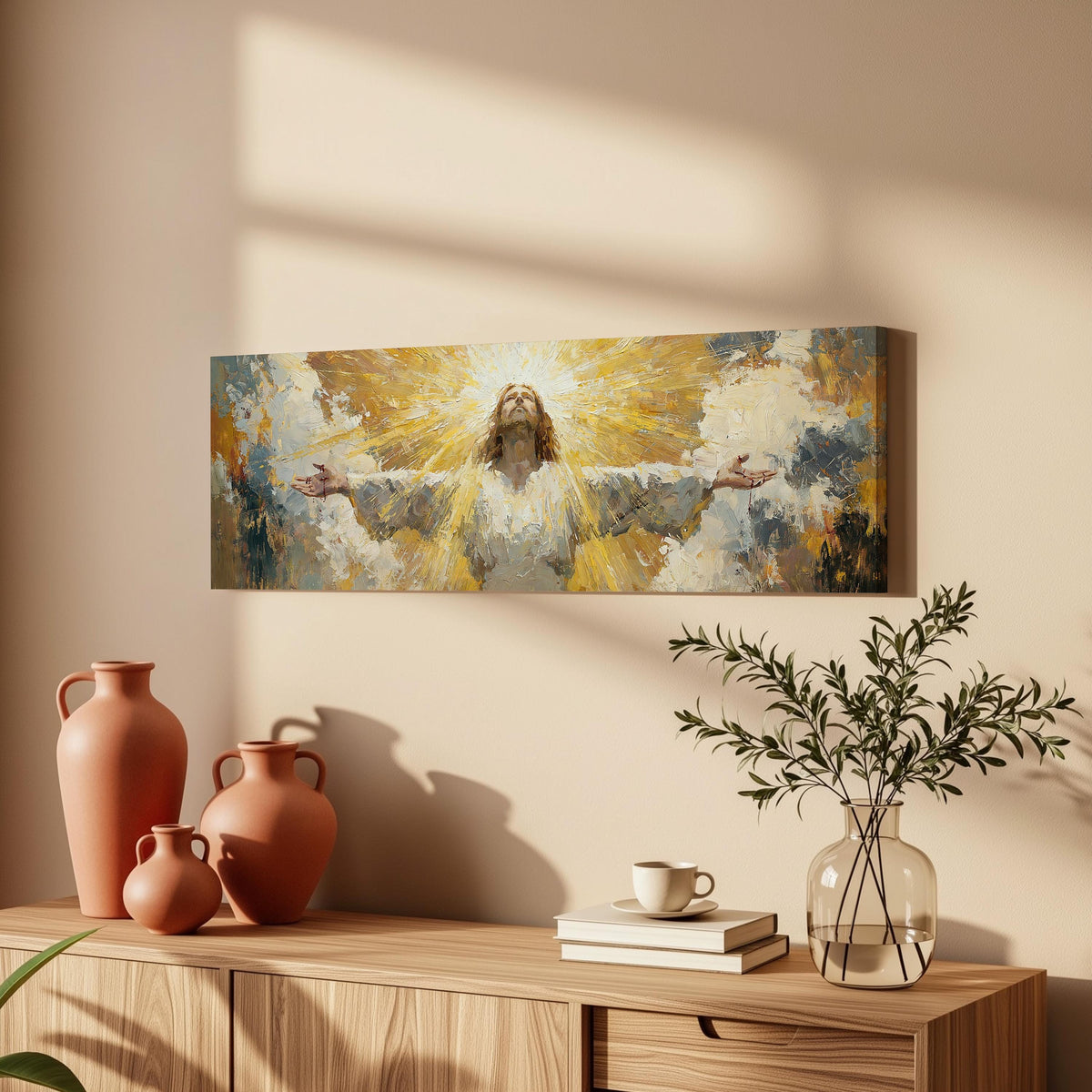 Risen Christ in golden light long horizontal canvas print above a wooden sideboard