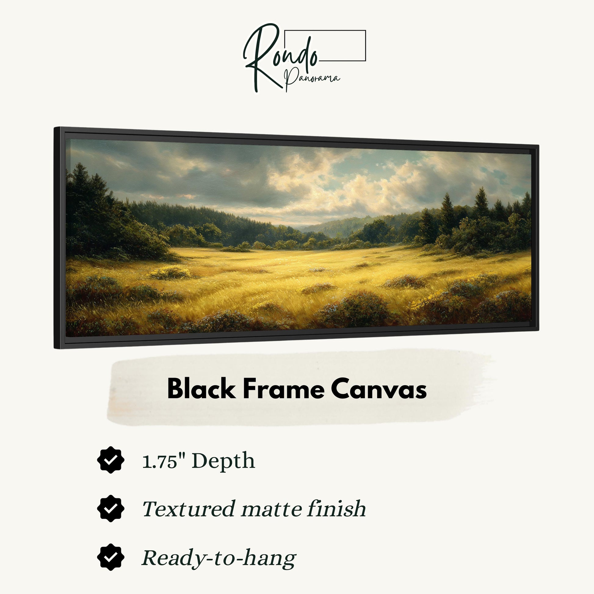 The image is a black frame canvas depicting a serene landscape with a field of flowers and trees under a cloudy sky.