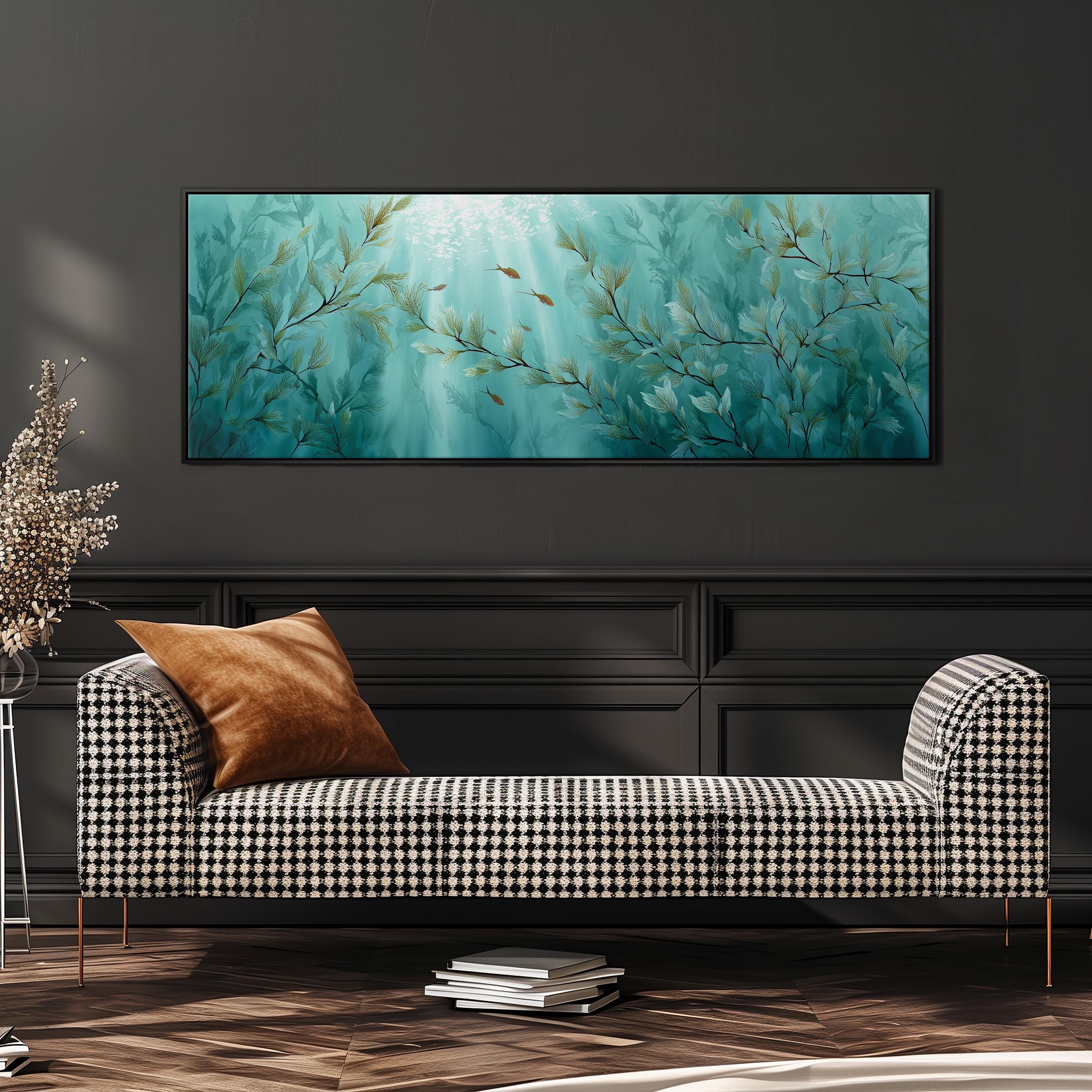 a large, rectangular painting of underwater plants hanging on a wall above a black and white checkered sofa with a brown throw pillow.