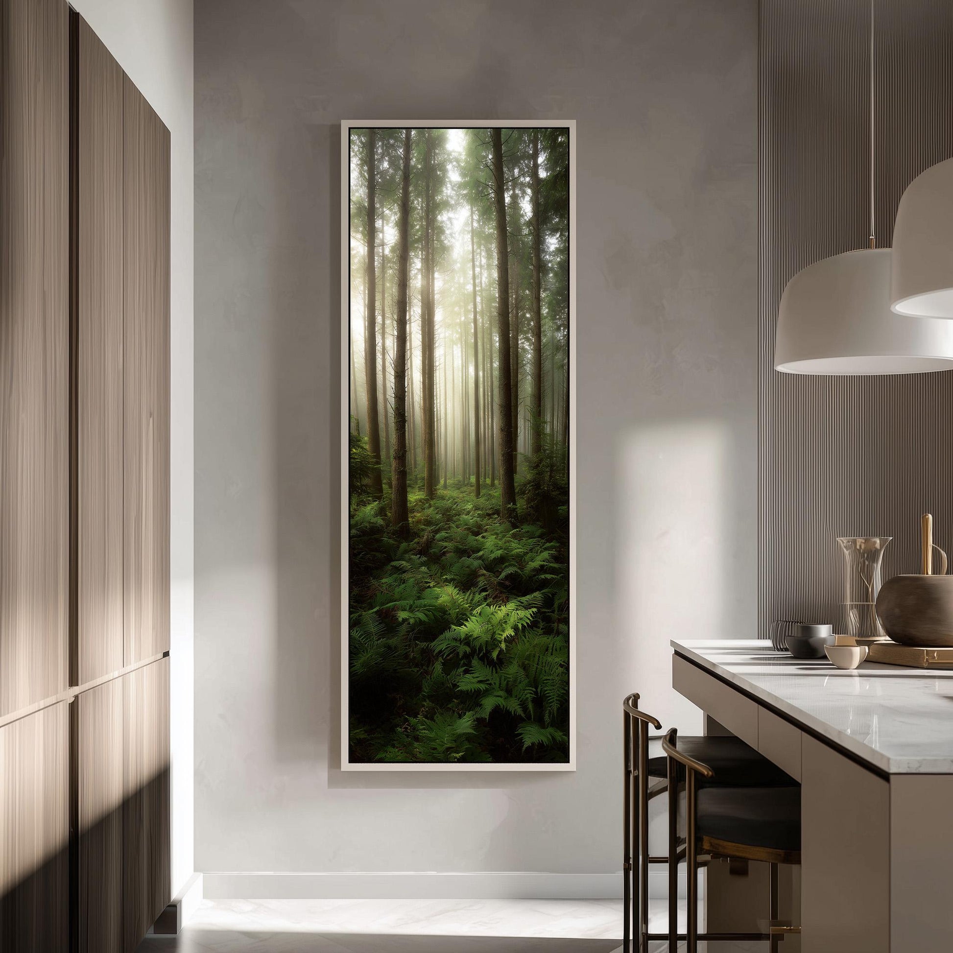 a serene indoor setting with a large framed picture hanging on the wall, depicting a lush forest scene with tall trees and a carpet of green foliage.