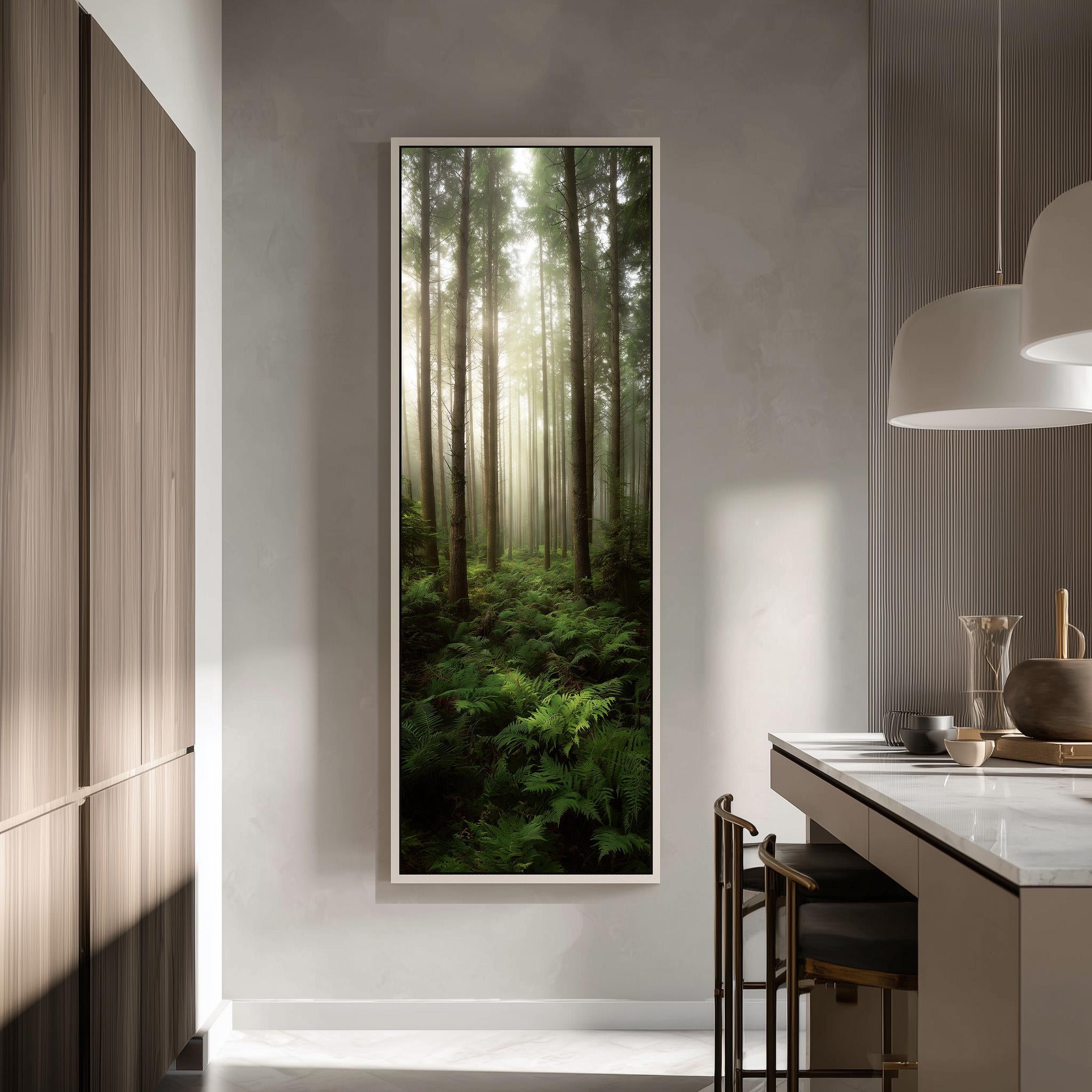 a serene indoor setting with a large framed picture hanging on the wall, depicting a lush forest scene with tall trees and a carpet of green foliage.