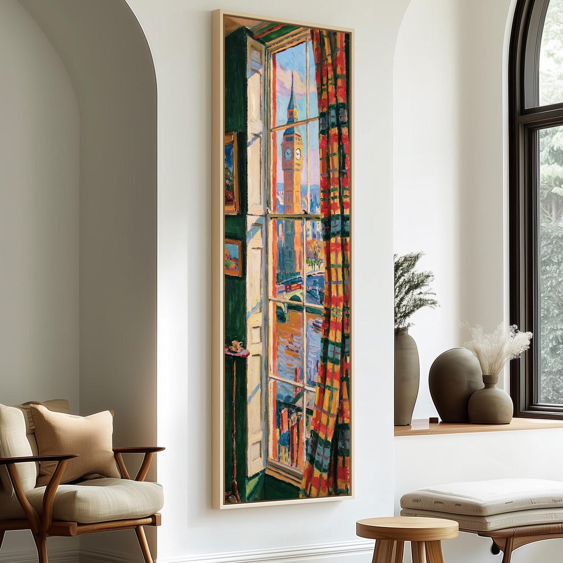 Big Ben through a tall window with tartan curtains long vertical canvas print in a sunlit living space