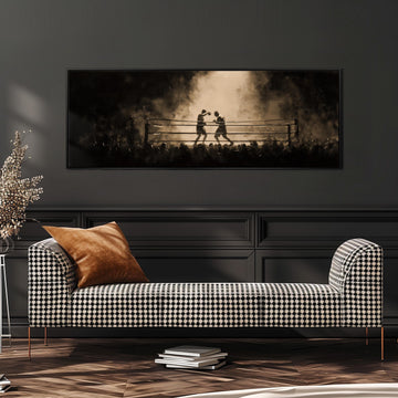 a black and white photograph of two people engaged in a boxing match, with smoke and fog obscuring the background. The photograph is displayed on a wall above a black and white checkered sofa, creating a dramatic and dramatic atmosphere in the room.