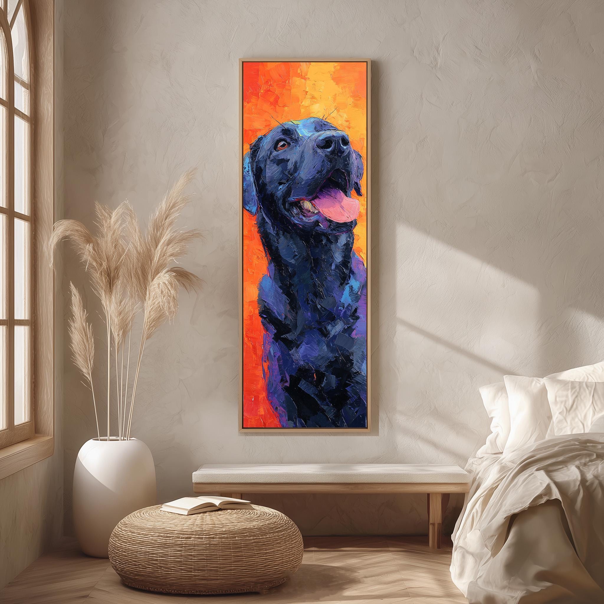 a large, colorful painting of a black dog with a pink tongue hanging on the wall in a cozy living room setting.