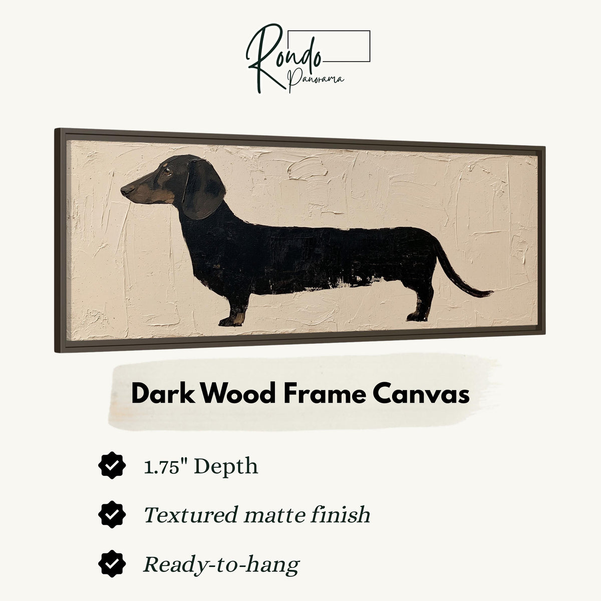 Black dachshund silhouette canvas print in a dark wood floating frame