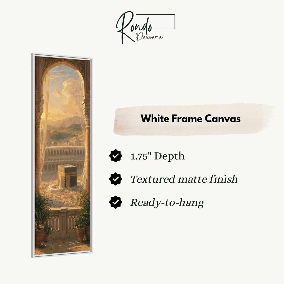 The Kaaba seen through a golden arch at sunset canvas print in a white floating frame