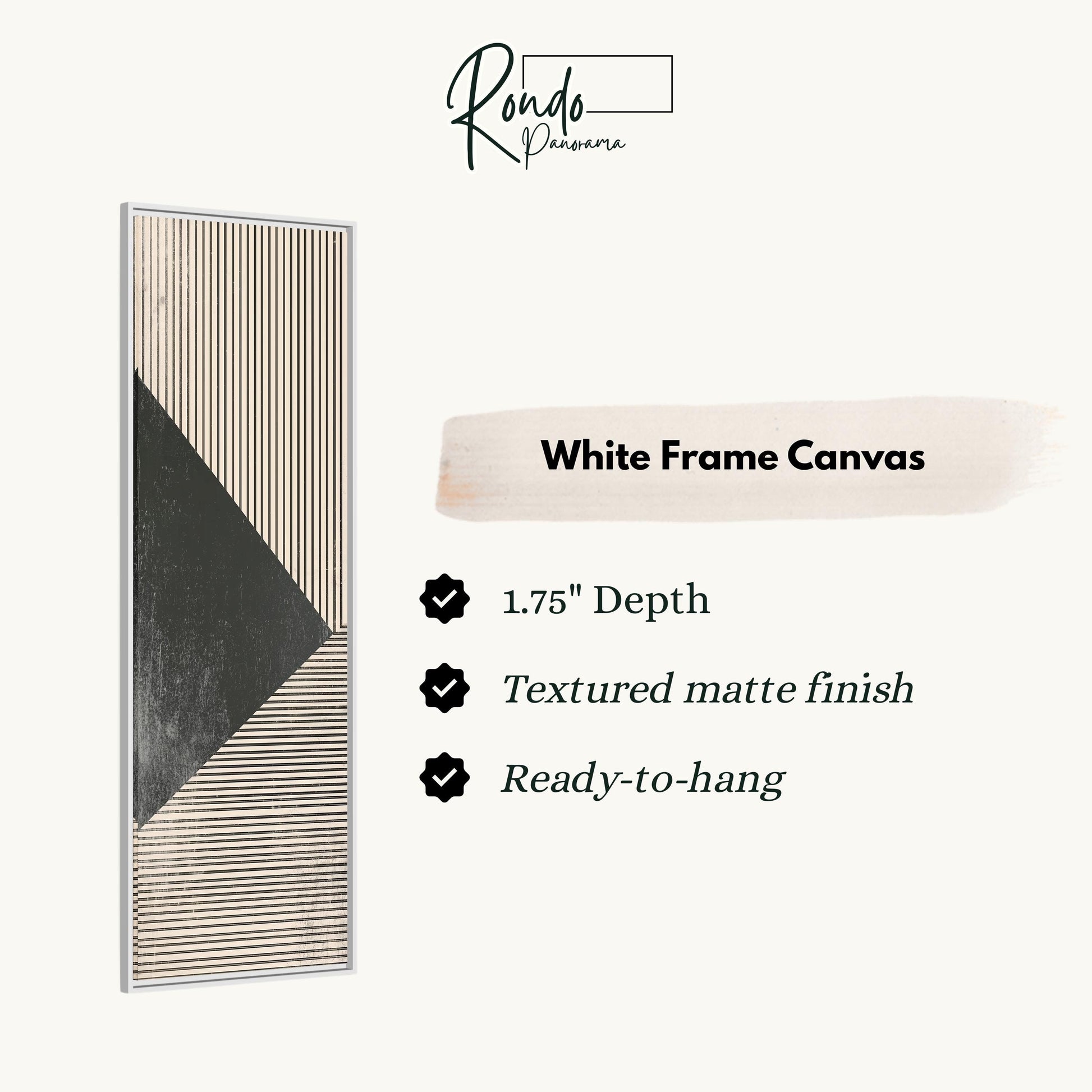 The image is a product description for a white frame canvas. It features a black and white striped design and provides details about the product, including its dimensions, finish, and hanging capabilities.