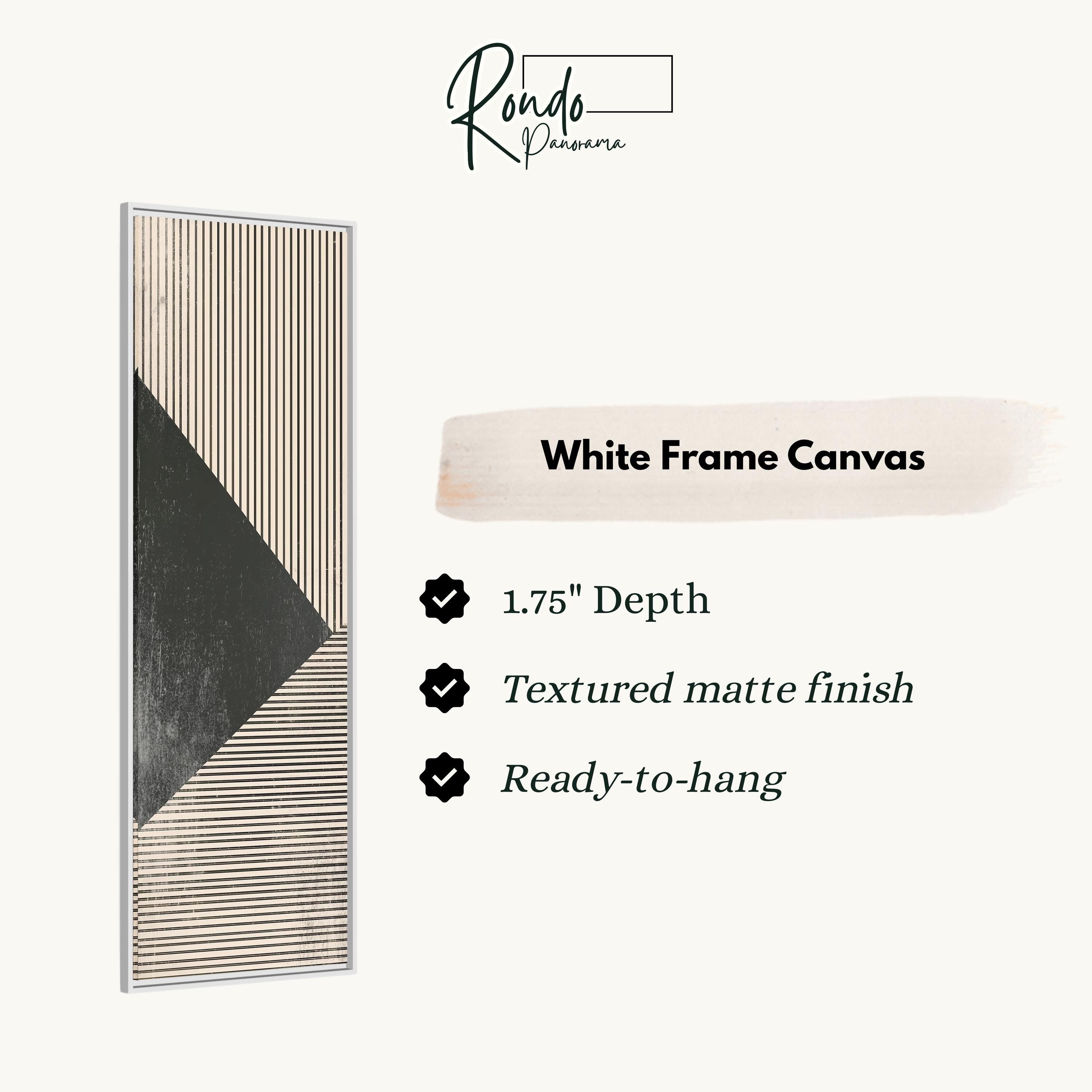 The image is a product description for a white frame canvas. It features a black and white striped design and provides details about the product, including its dimensions, finish, and hanging capabilities.