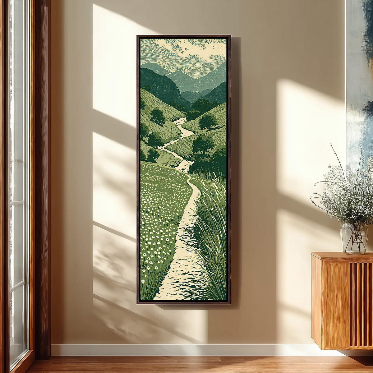 Trail winding through green mountains long vertical canvas print in a sunlit living space