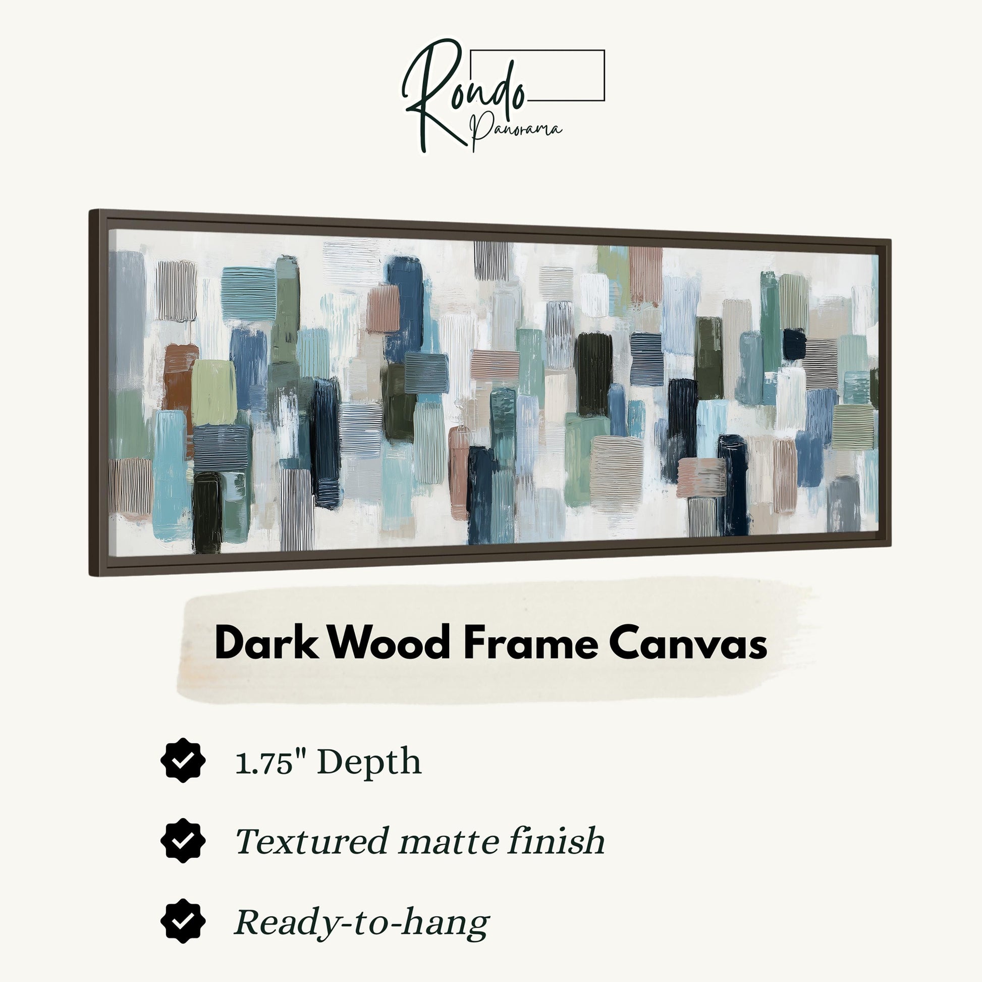 The image is a product advertisement for a dark wood frame canvas. It features a large abstract painting with various shades of blue, green, and gray brushstrokes. The advertisement highlights the canvas's 1.75" depth, textured matte finish, and ready-to-hang feature.