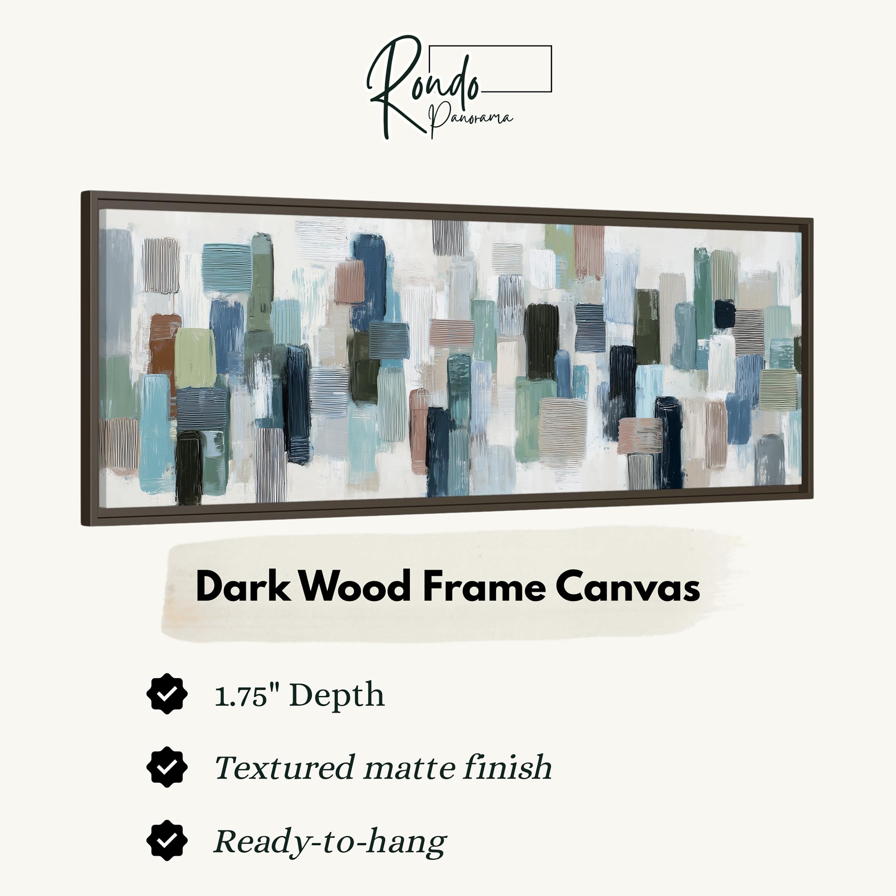 The image is a product advertisement for a dark wood frame canvas. It features a large abstract painting with various shades of blue, green, and gray brushstrokes. The advertisement highlights the canvas's 1.75" depth, textured matte finish, and ready-to-hang feature.