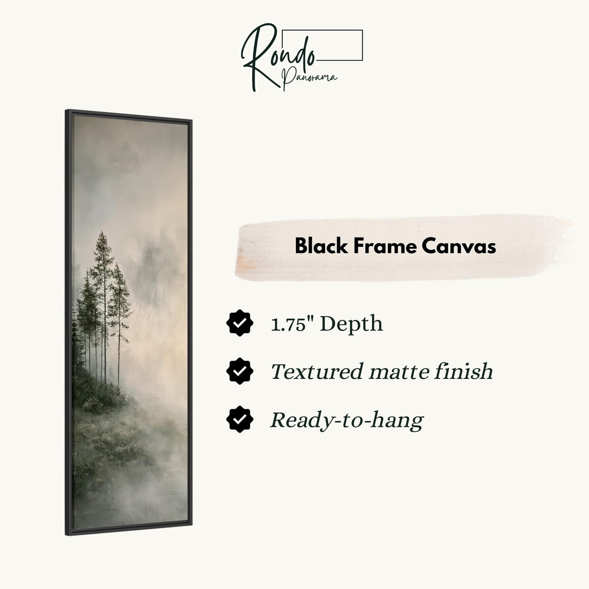Monochrome pines in heavy mist canvas print in a black floating frame