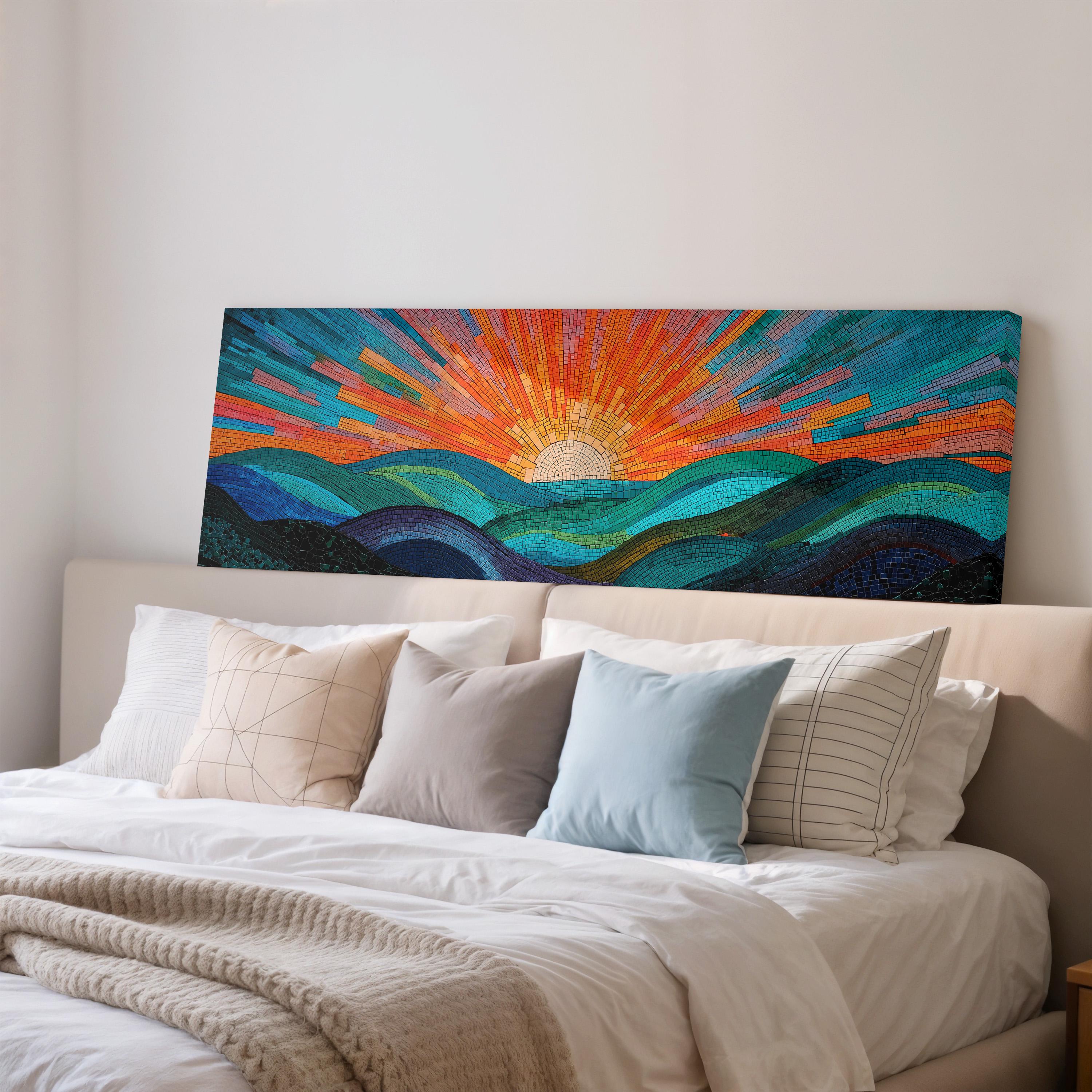 a large, colorful painting of a sunrise over a landscape, hanging on the wall above a bed with white pillows and a gray blanket.