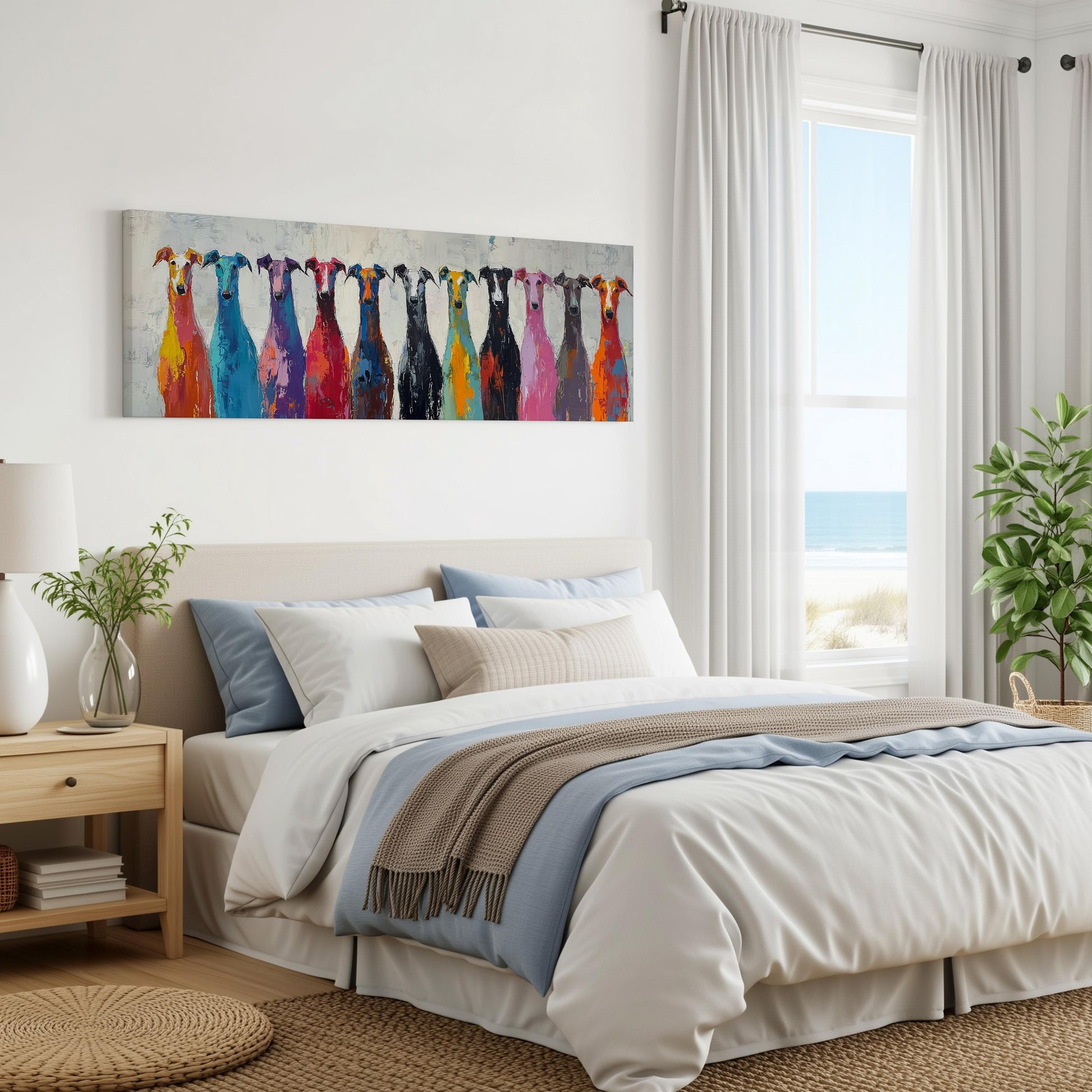 a bedroom with a large bed, a painting of colorful dogs on the wall, and a window overlooking the ocean.