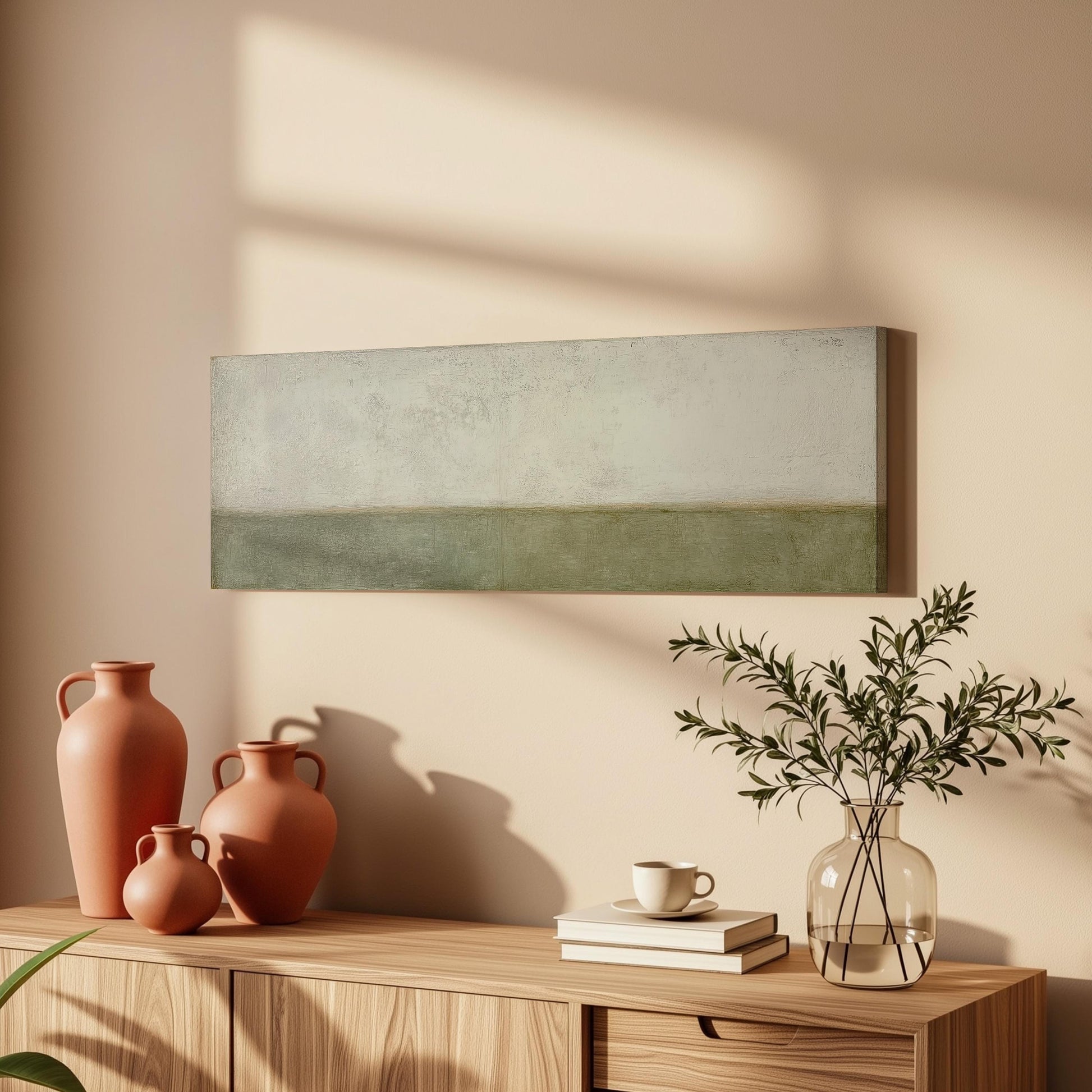 a wooden cabinet with a vase of greenery, a coffee cup, and a stack of books on top. The cabinet is set against a light-colored wall, and a painting is hanging above it.