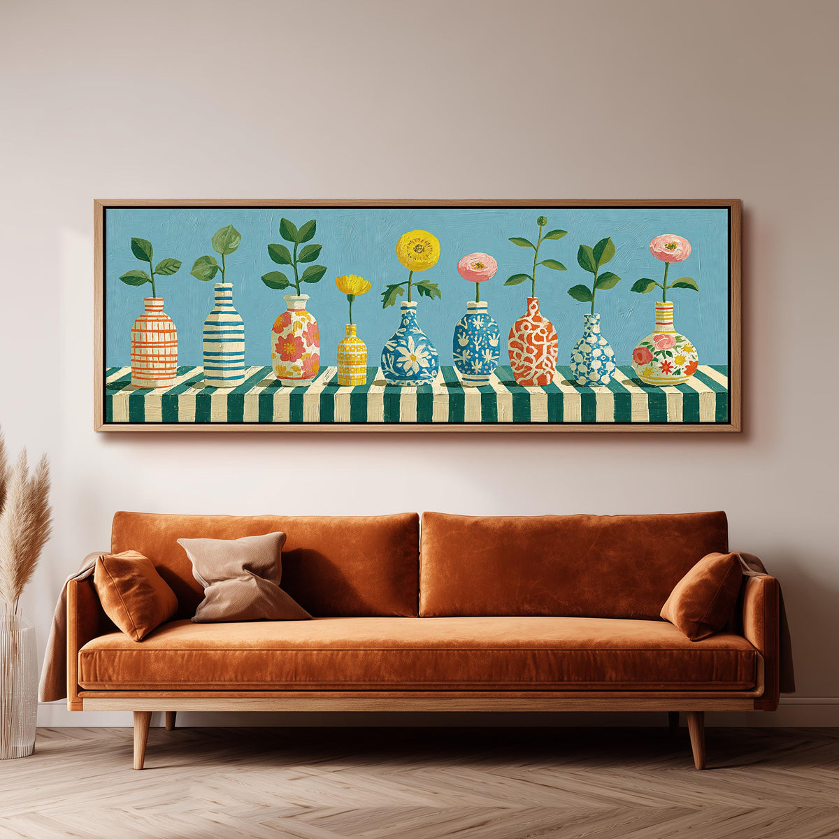 Row of striped vases with flowers wide panoramic canvas print above a bench in a dark living room