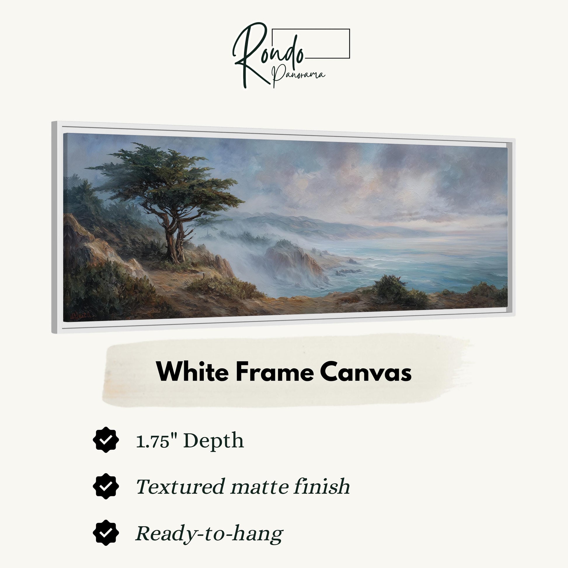 The image is a white frame canvas depicting a landscape with a tree, mountains, and a body of water.