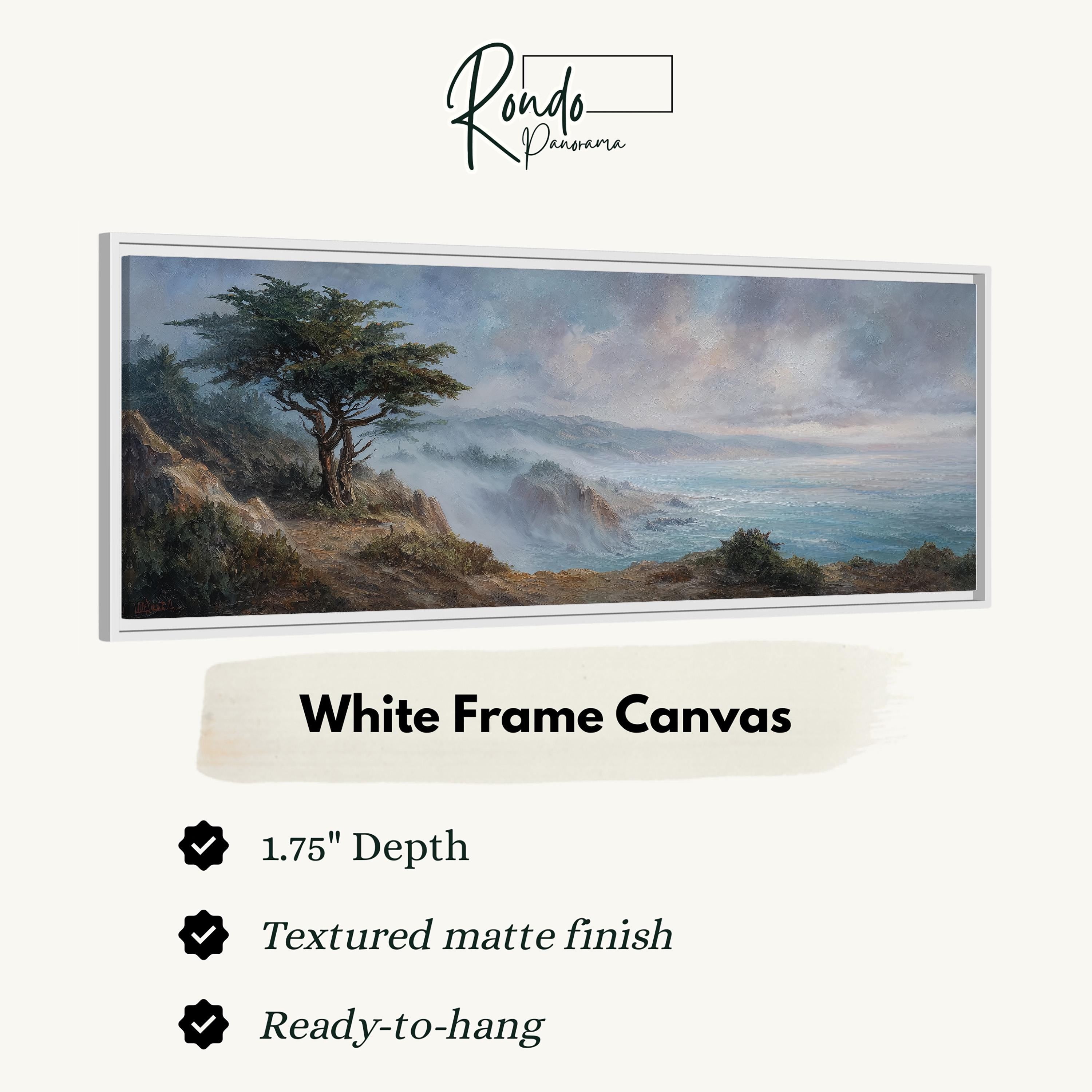 The image is a white frame canvas depicting a landscape with a tree, mountains, and a body of water.