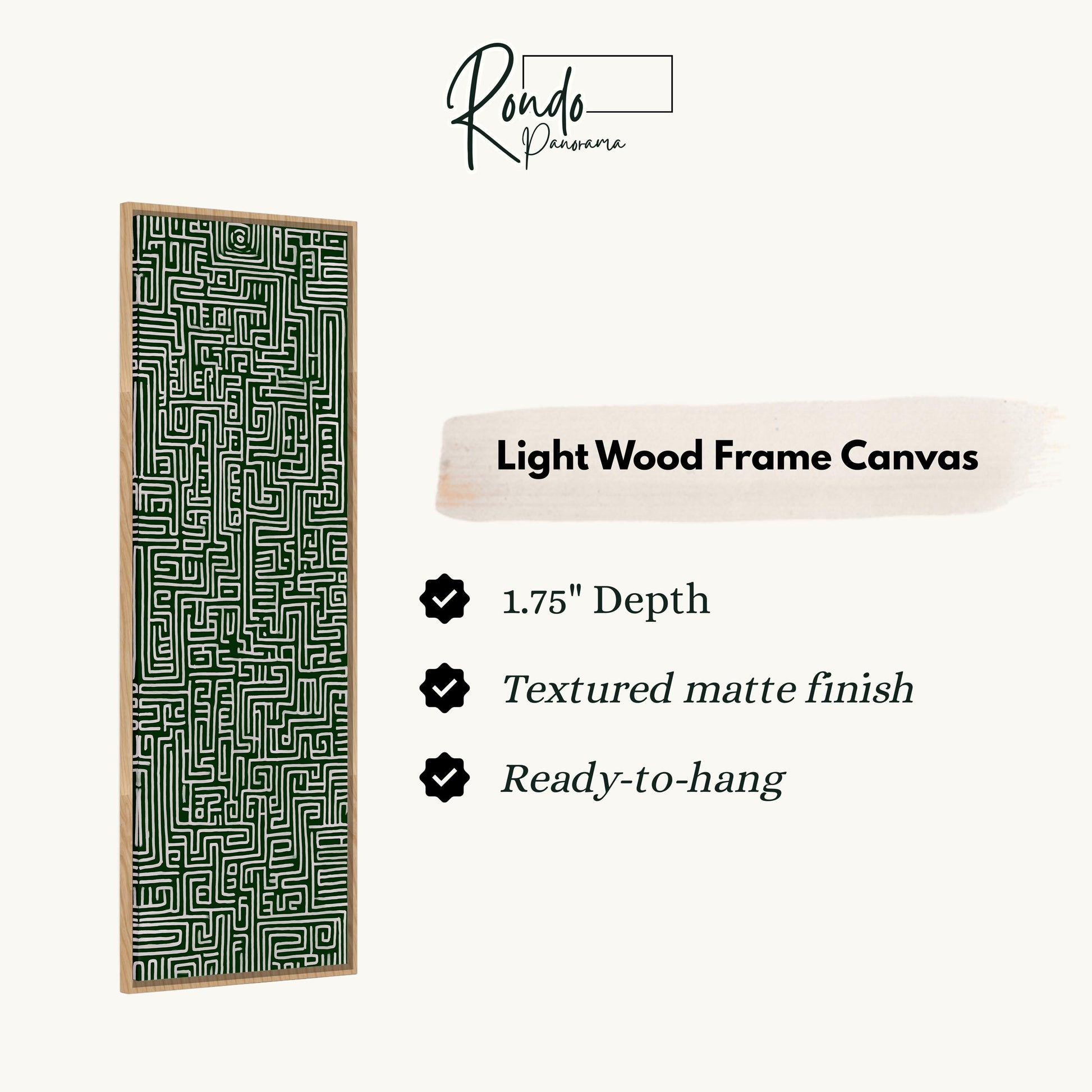 a light wood frame canvas with a green and black geometric pattern.