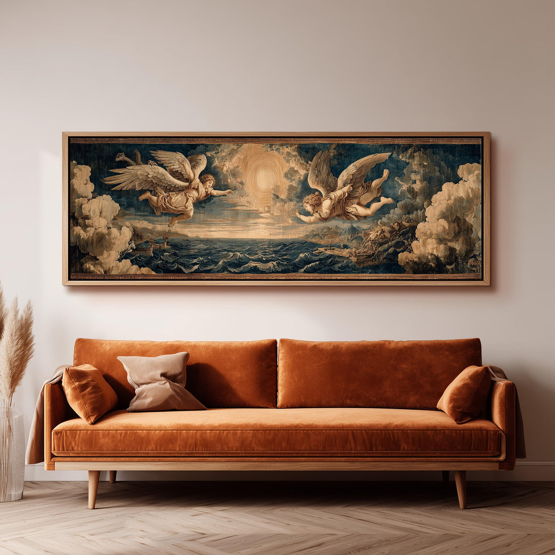 a large, ornate painting of angels against a cloudy sky, hanging on a dark wall above a black and white checkered sofa with a brown throw pillow.