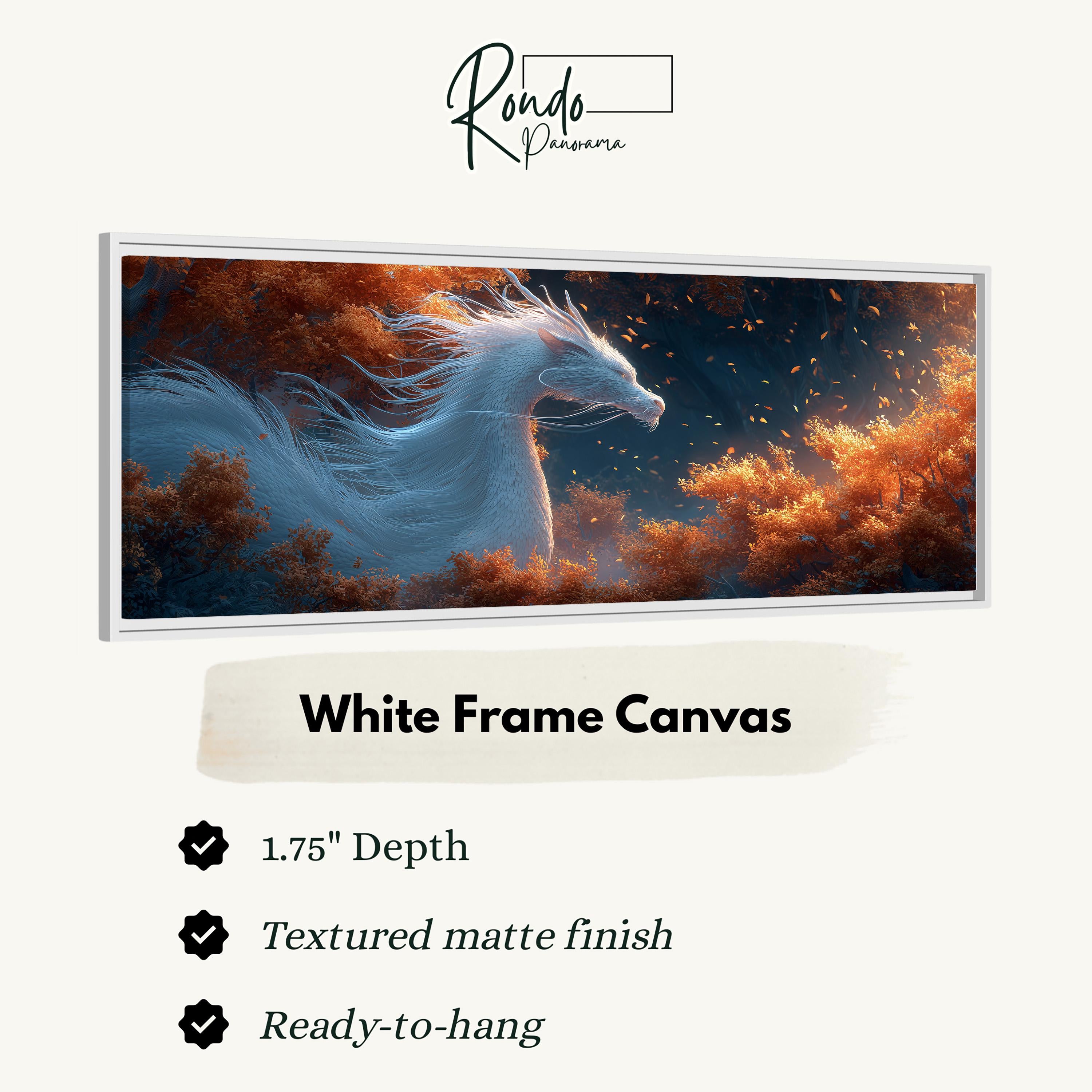 The image is a white frame canvas depicting a fantastical scene of a white dragon-like creature soaring through a forest of orange and red foliage.