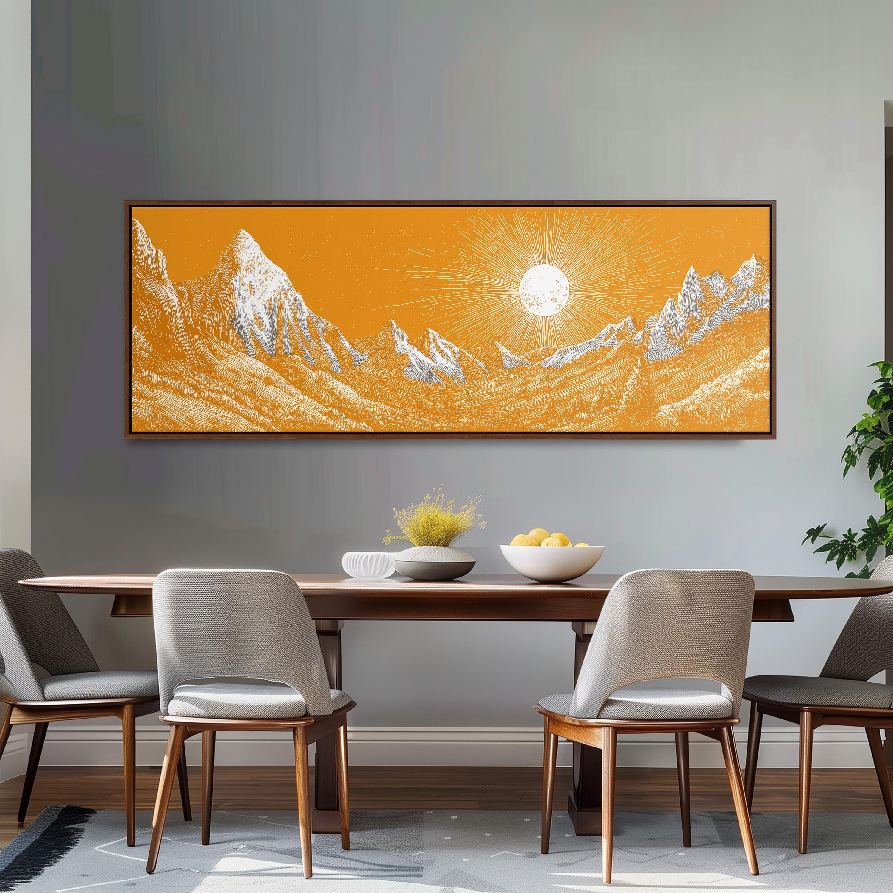 a dining room with a large, framed painting of a mountain landscape hanging on the wall above a wooden dining table with four chairs.