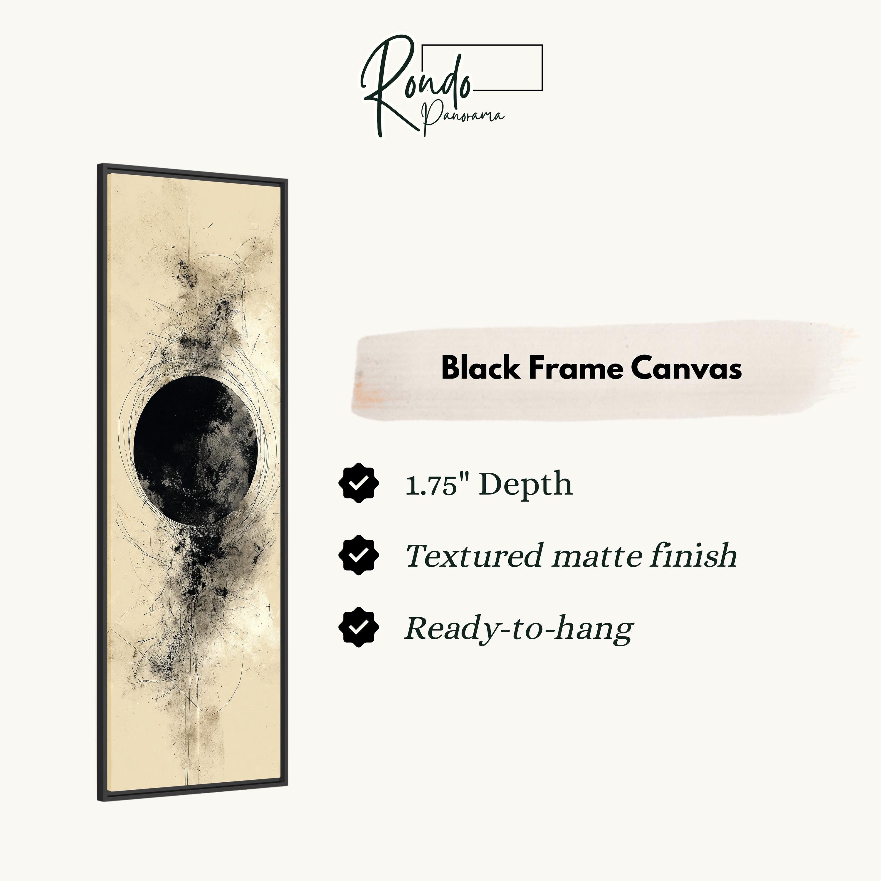 The image is a black frame canvas with a minimalist design featuring a black circle on a beige background.