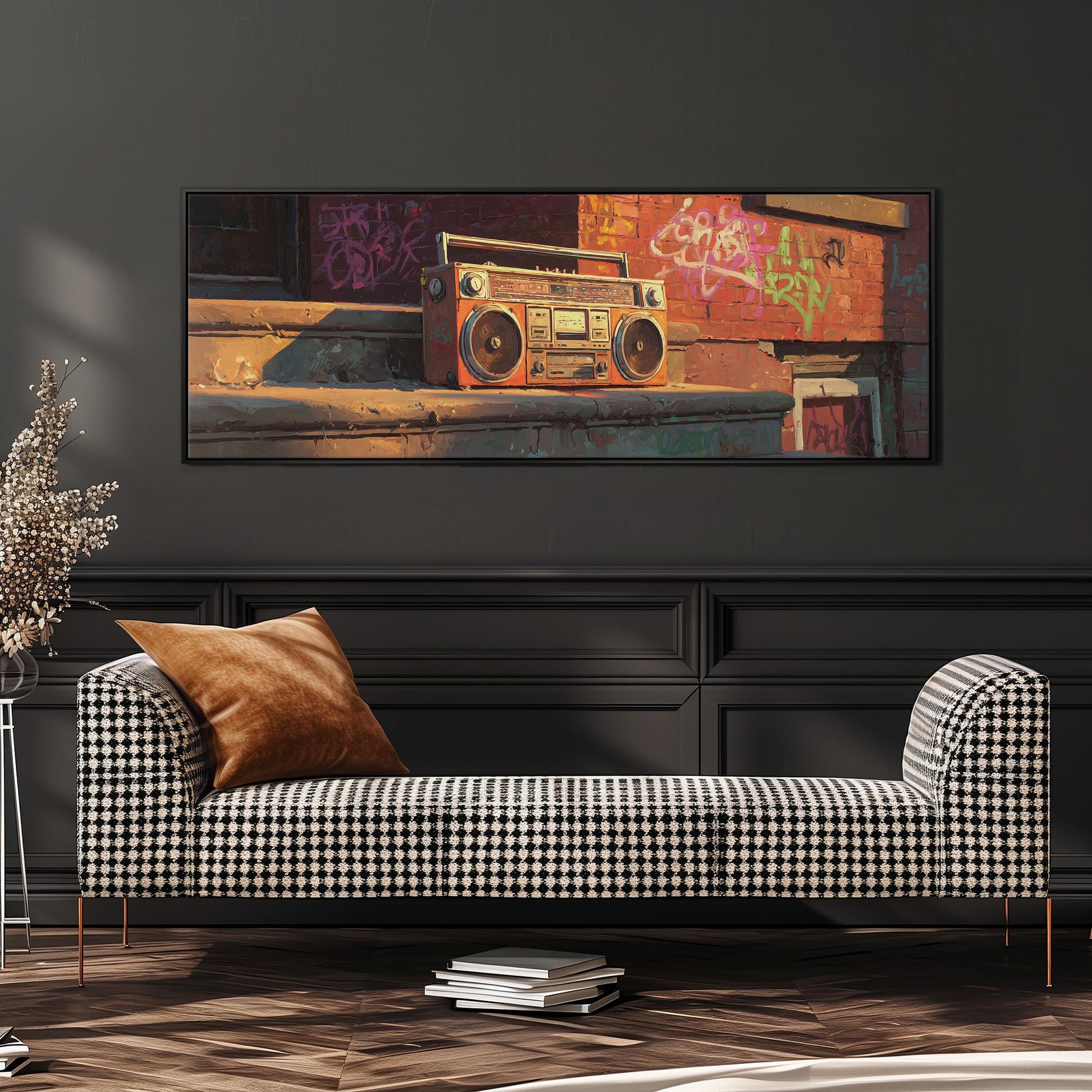 a black and white checkered sofa with a brown throw pillow, set against a wall with a large framed painting depicting a vintage boombox.