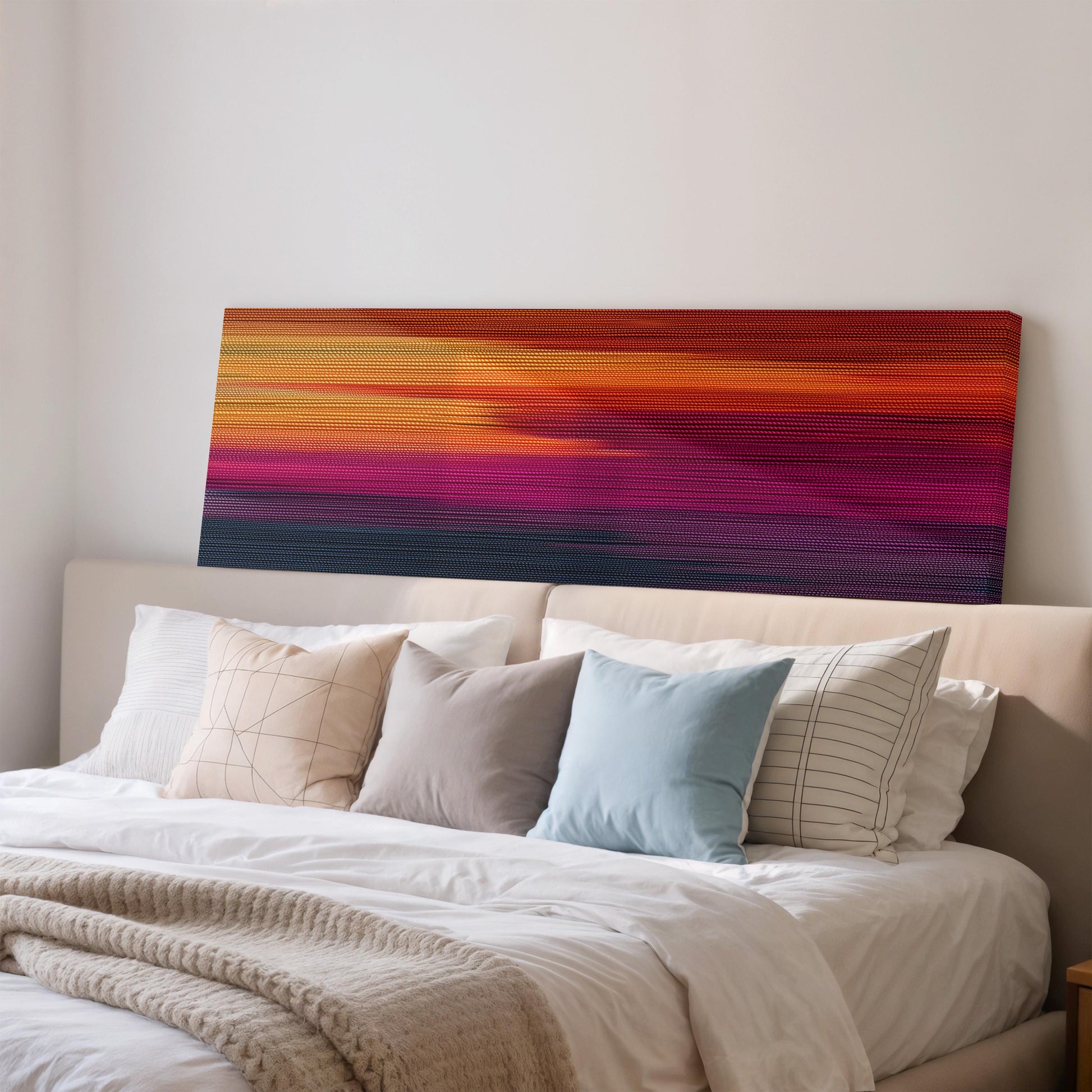 a large bed with a white headboard and a colorful abstract painting hanging above it.