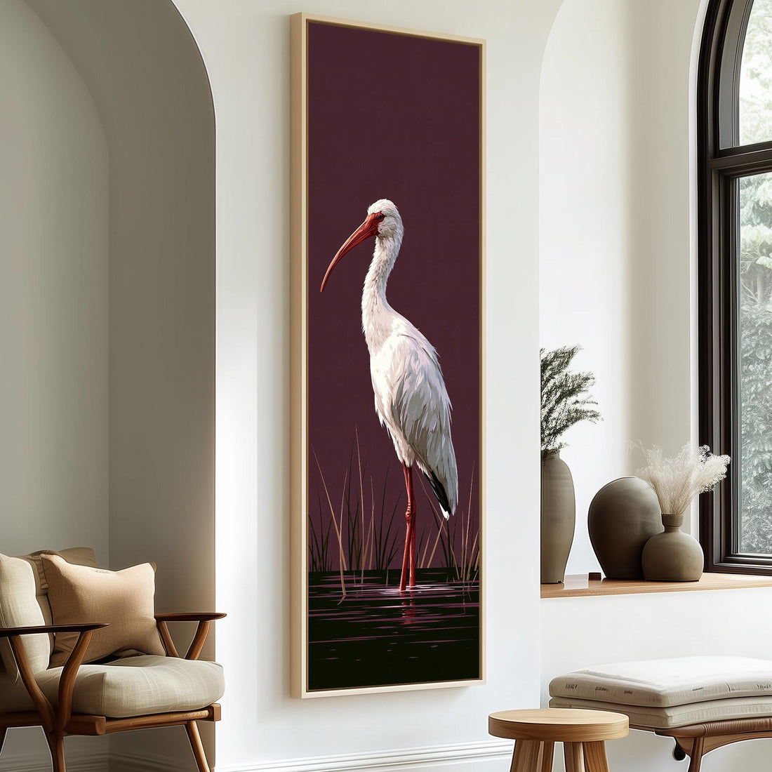 White ibis on a plum background long vertical canvas print in a sunlit living space