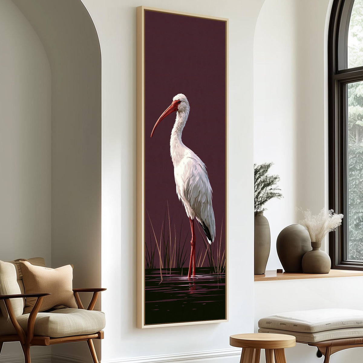White ibis on a plum background tall skinny canvas print in a sunlit living space